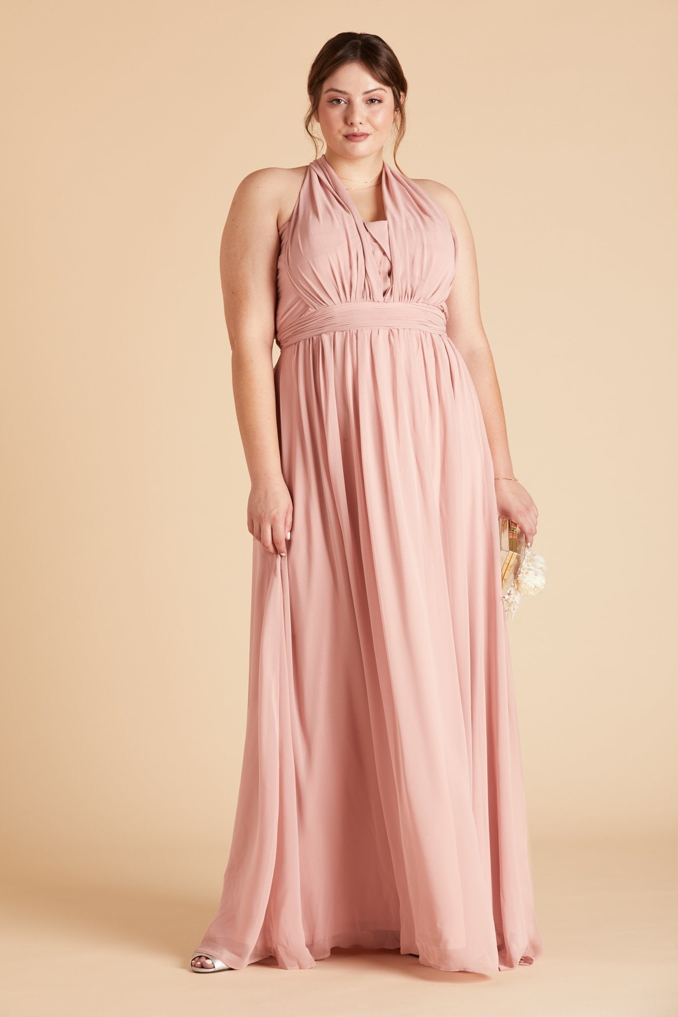 Grace convertible plus size bridesmaid dress in rose quartz pink chiffon by Birdy Grey, front view