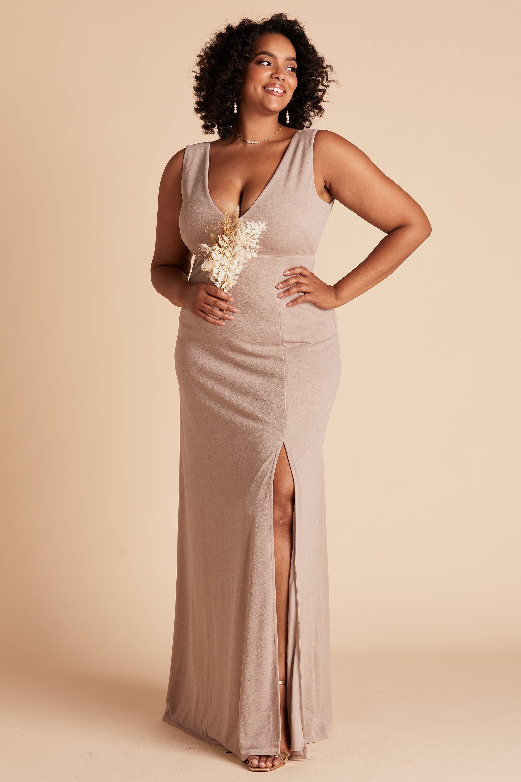 Shamin plus size bridesmaid dress with slit in taupe crepe by Birdy Grey, front view