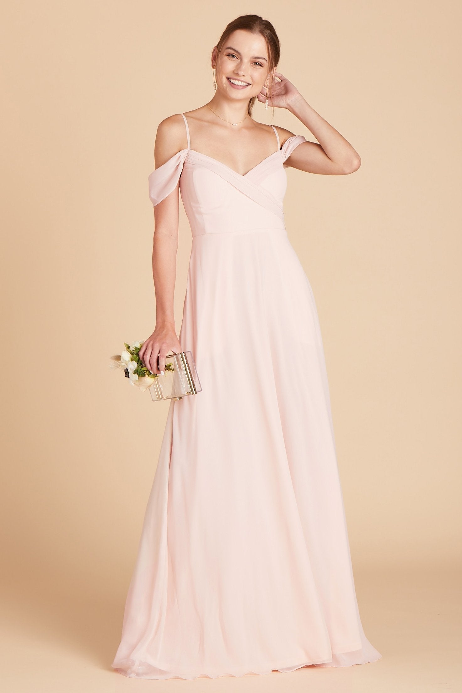 Spence convertible bridesmaid dress in pale blush chiffon by Birdy Grey, front view