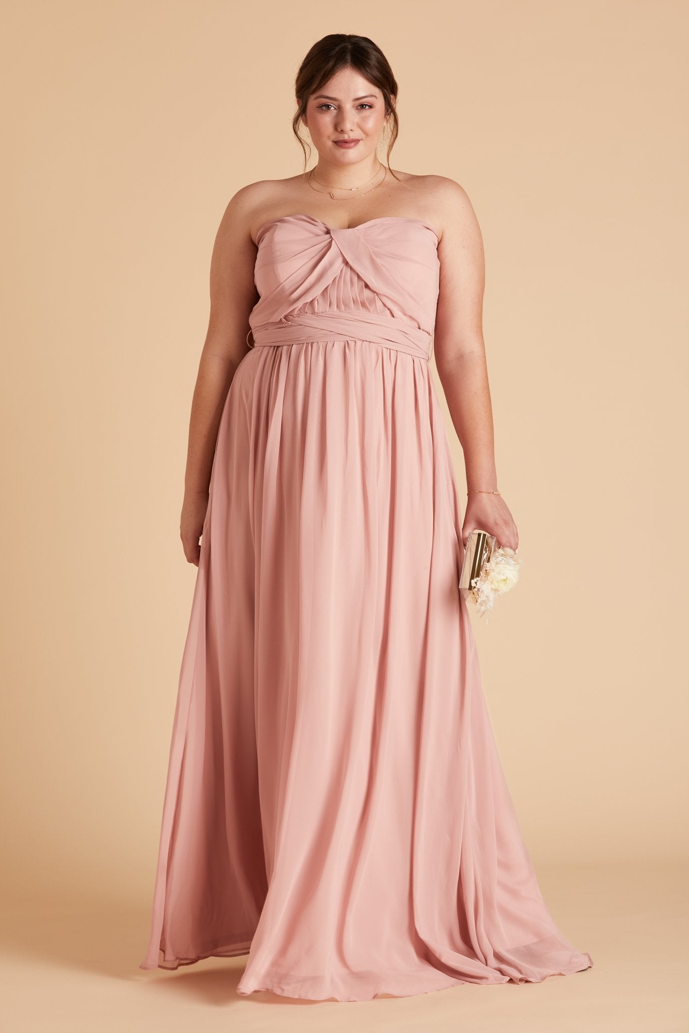 Grace convertible plus size bridesmaid dress in rose quartz pink chiffon by Birdy Grey, front view