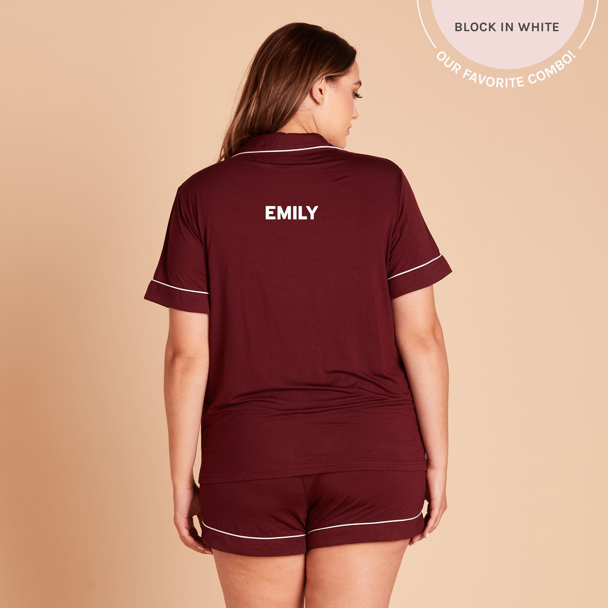 Jonny Plus Size Short Sleeve Pajama Set With White Piping in cabernet burgundy, back view