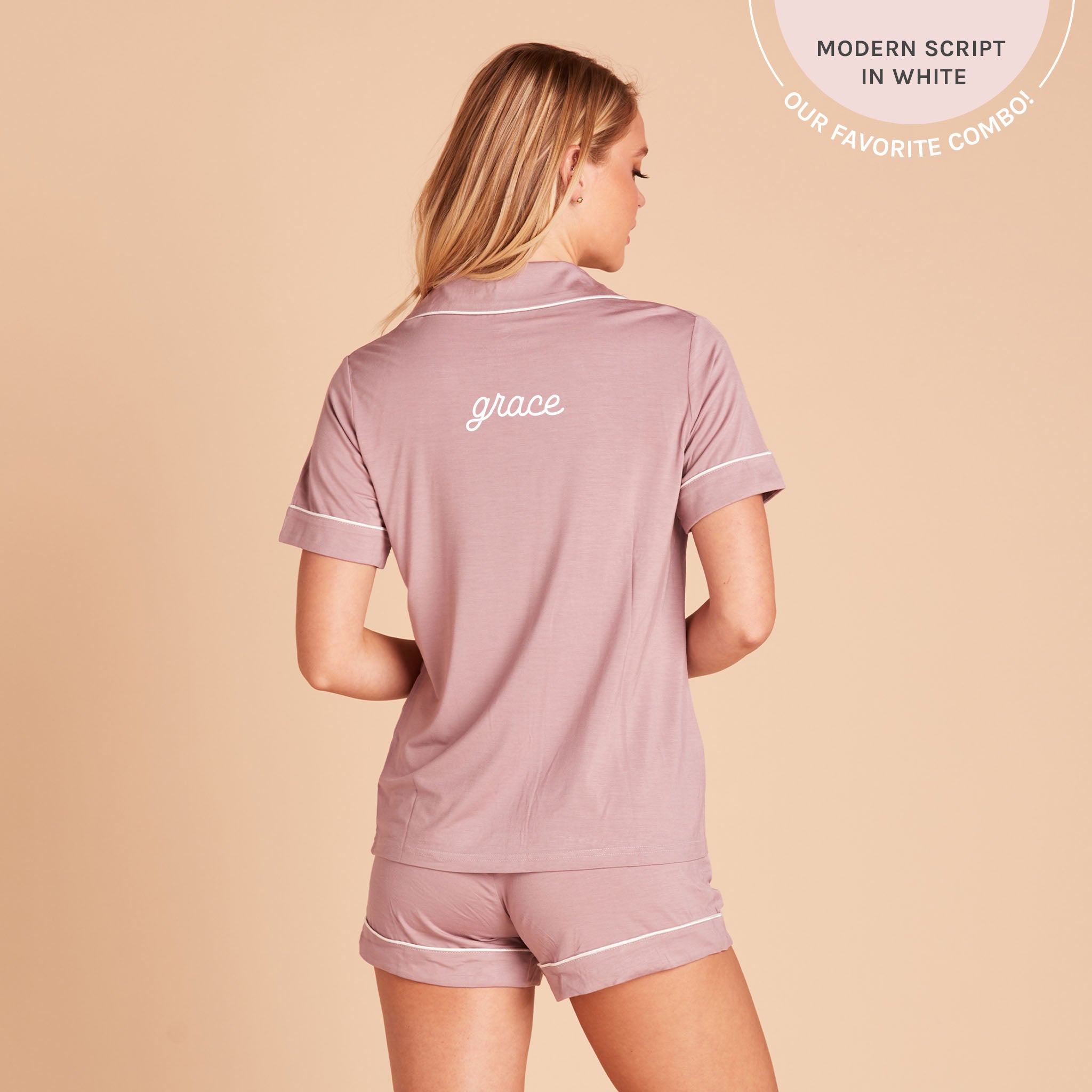 Jonny Short Sleeve Pajama Set in mauve with white piping by Birdy Grey, back view