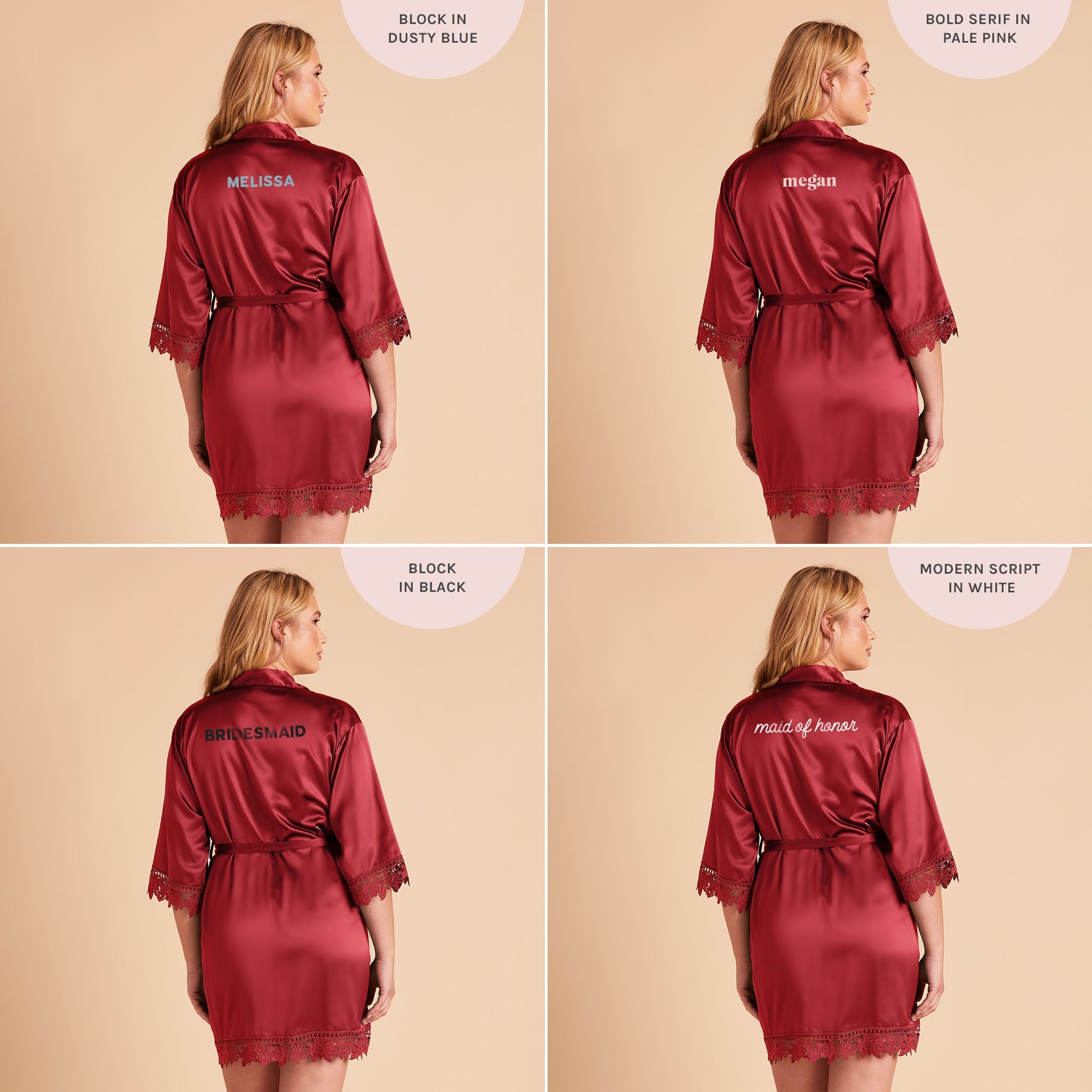 Satin Lace Robe in burgundy by Birdy Grey, back view