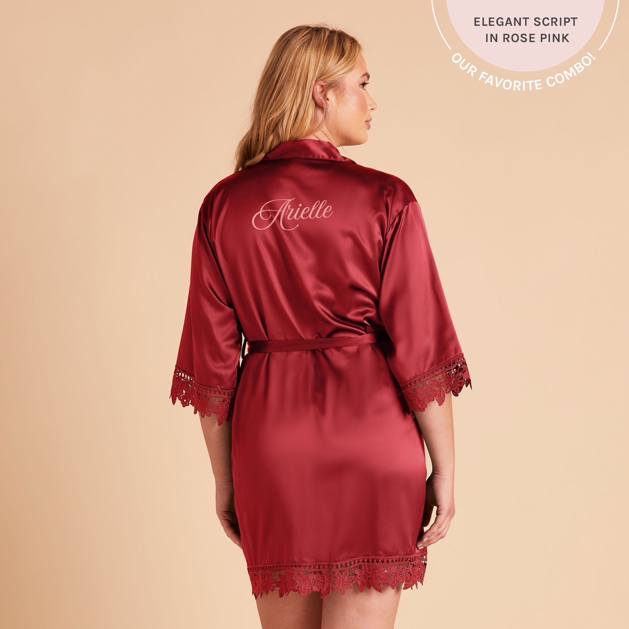 Satin Lace Robe in burgundy by Birdy Grey, back view