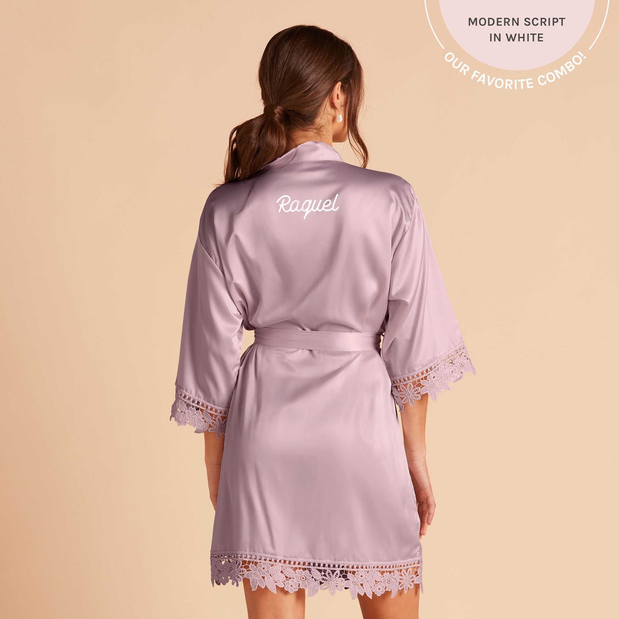 Satin Lace Robe in dark mauve by Birdy Grey, back view