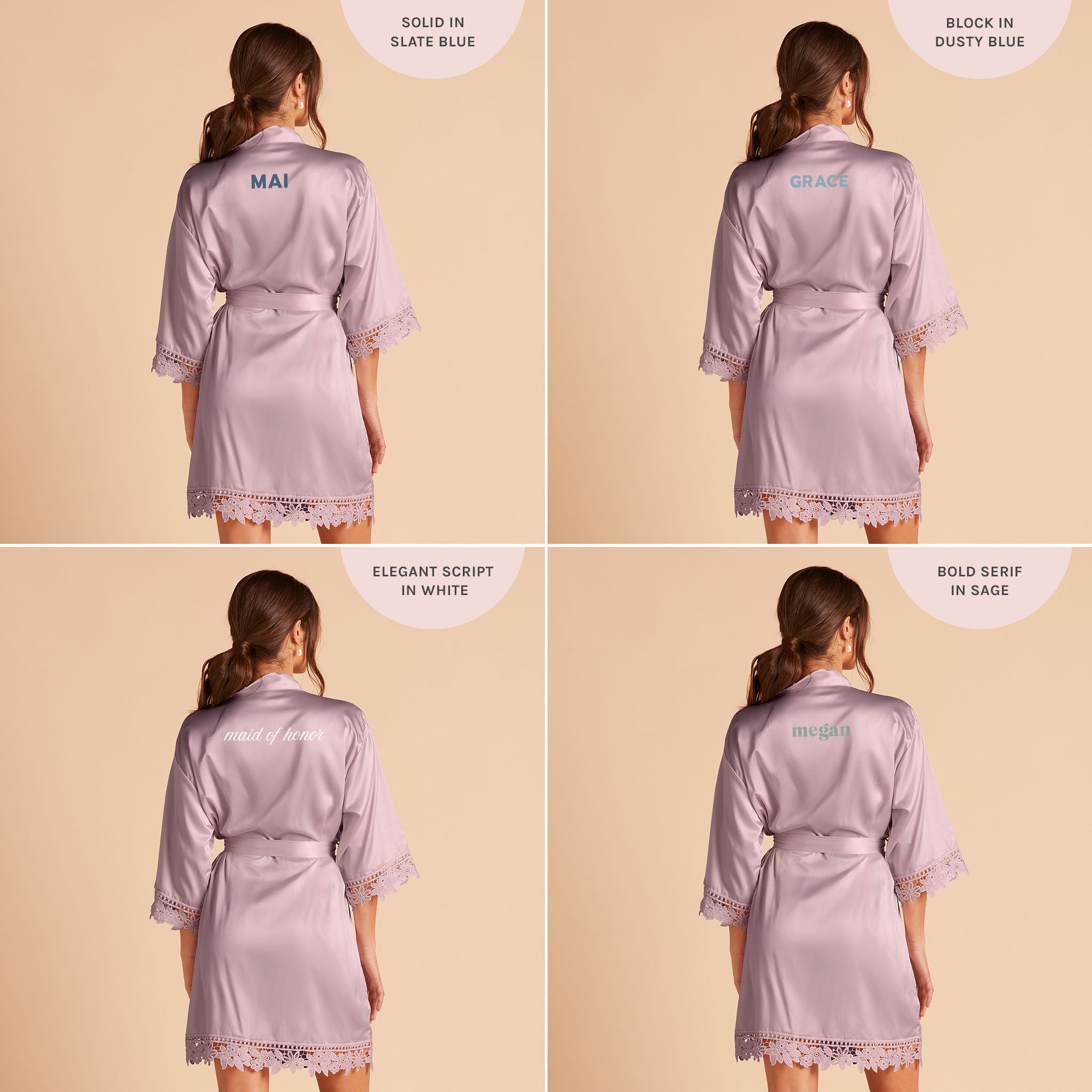 Satin Lace Robe in dark mauve by Birdy Grey, back view