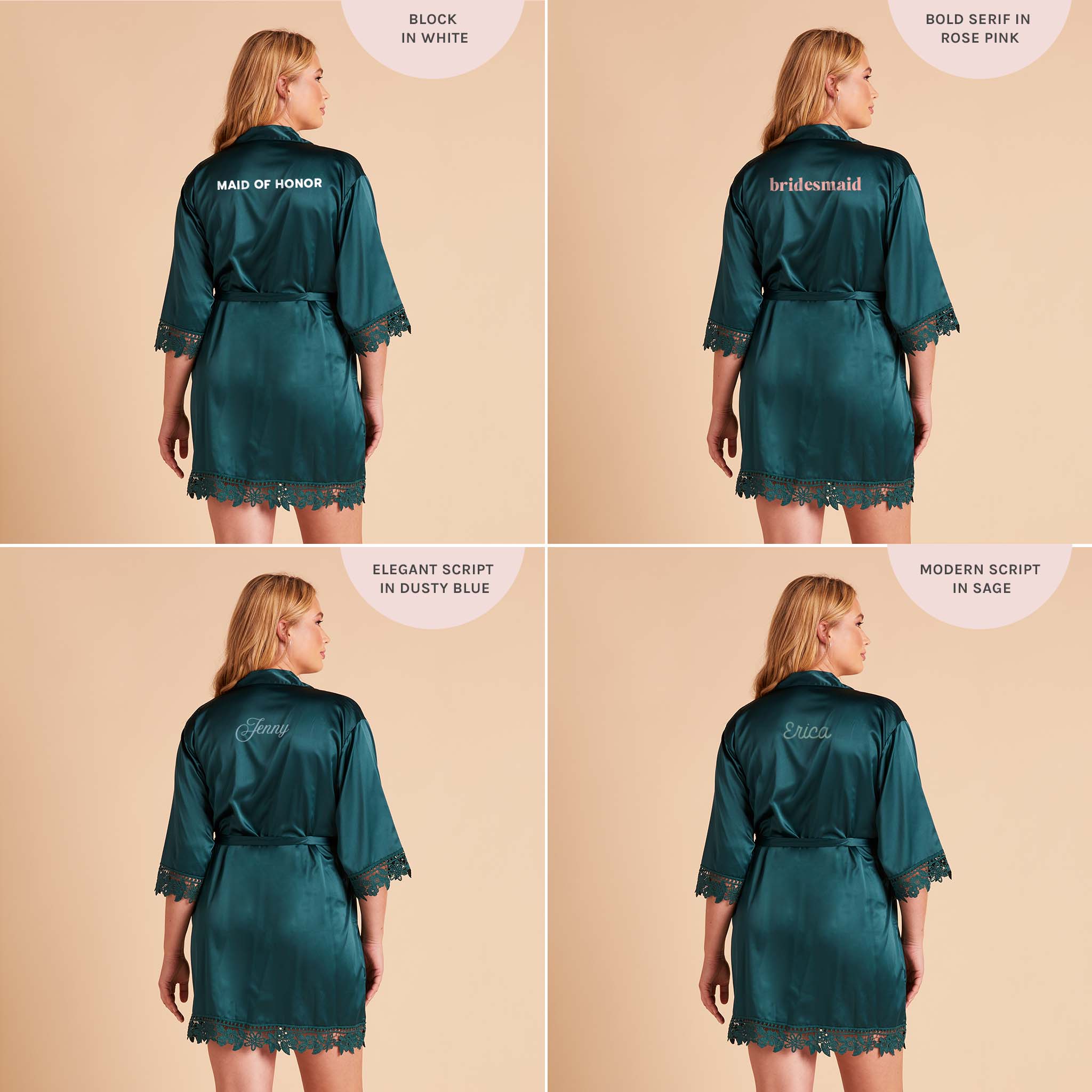 Satin Lace Robe in emerald green by Birdy Grey, back view