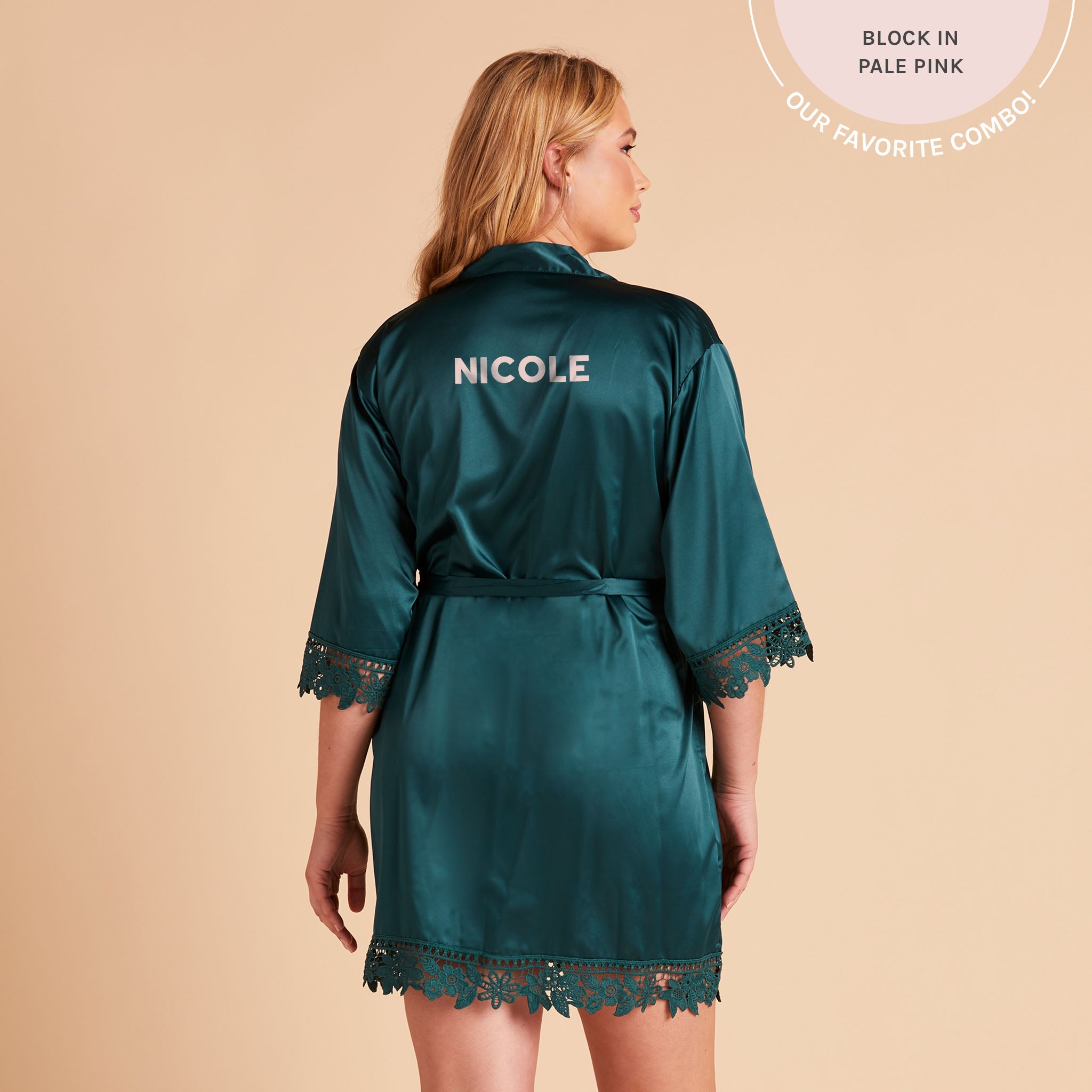 Satin Lace Robe in emerald green by Birdy Grey, back view