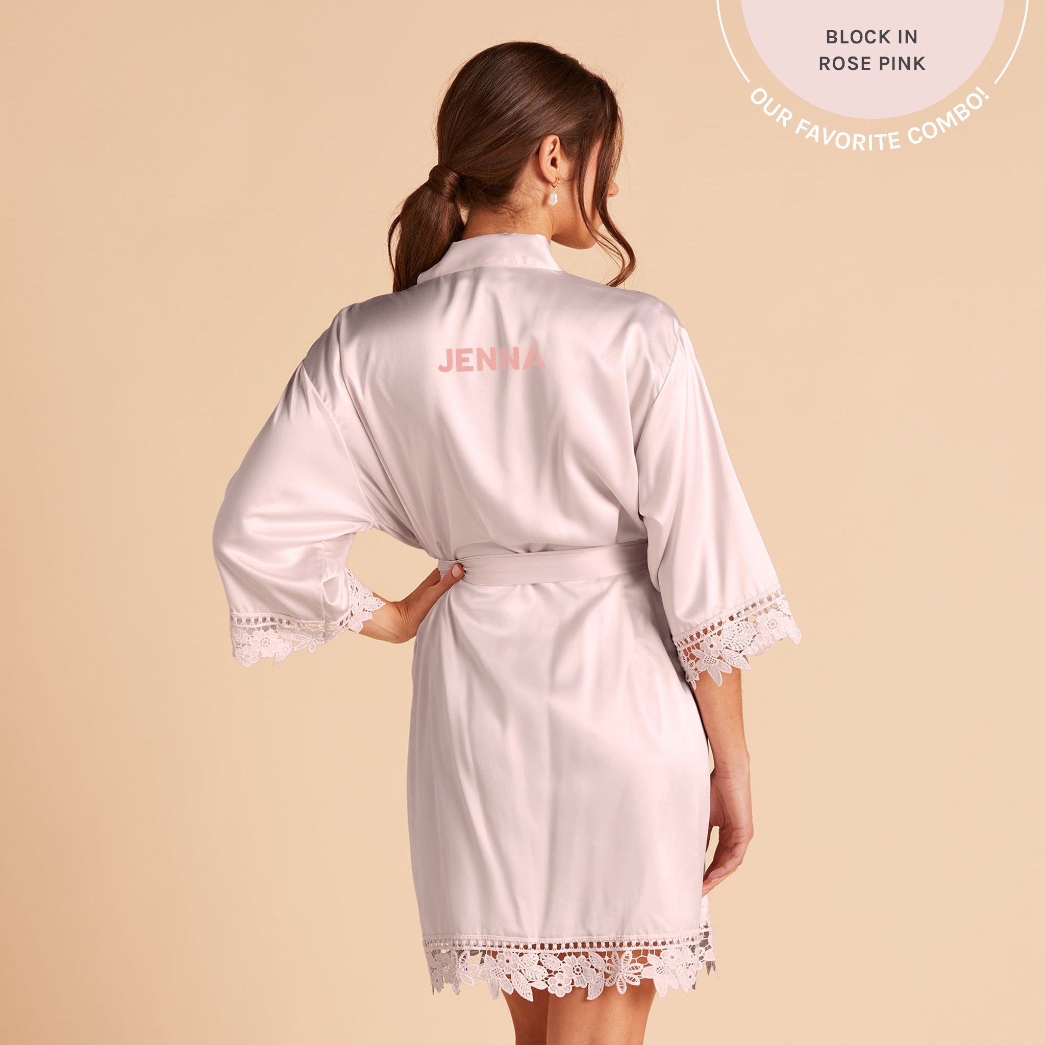 Satin Lace Robe in light mauve by Birdy Grey, back view