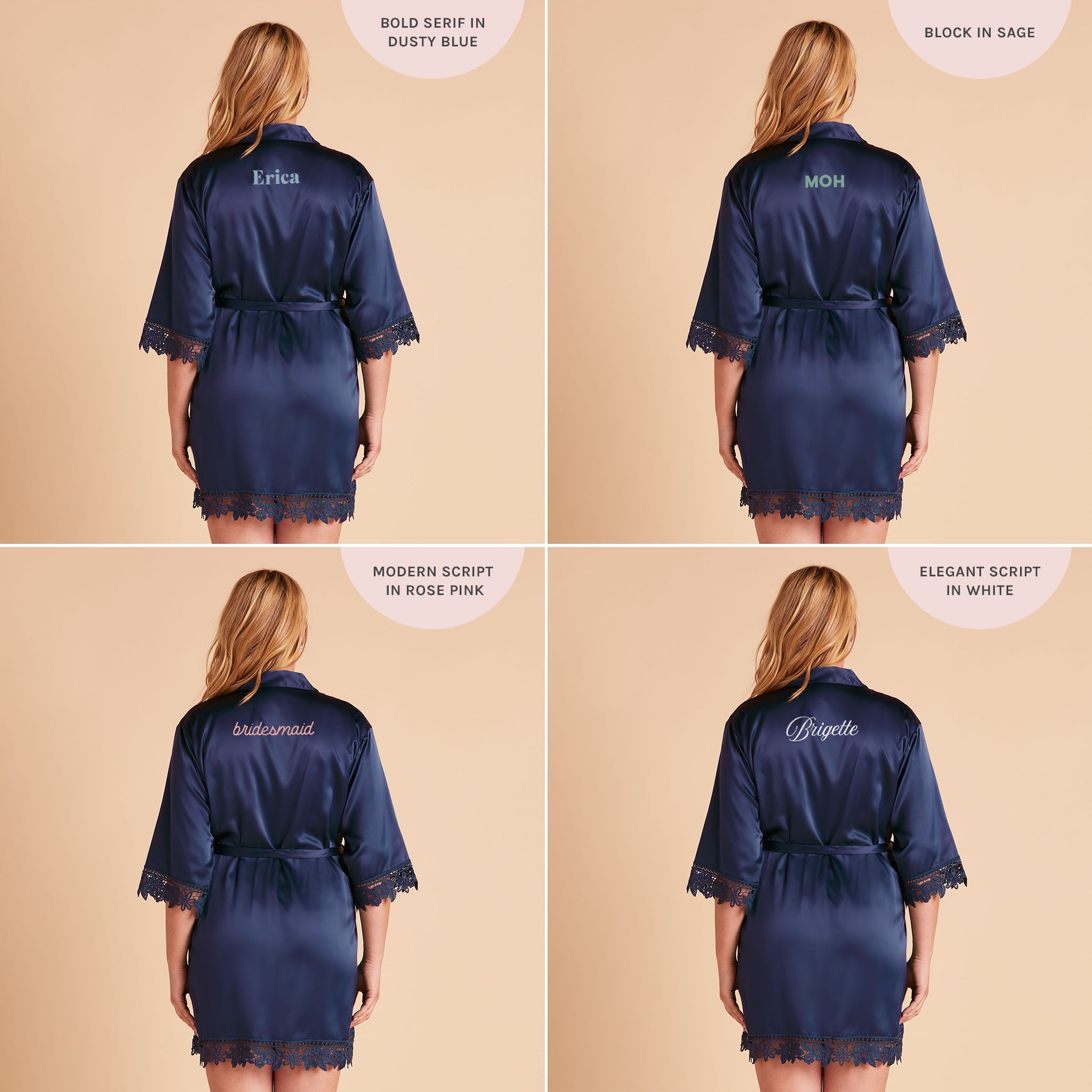 Satin Lace Robe in navy blue by Birdy Grey, back view