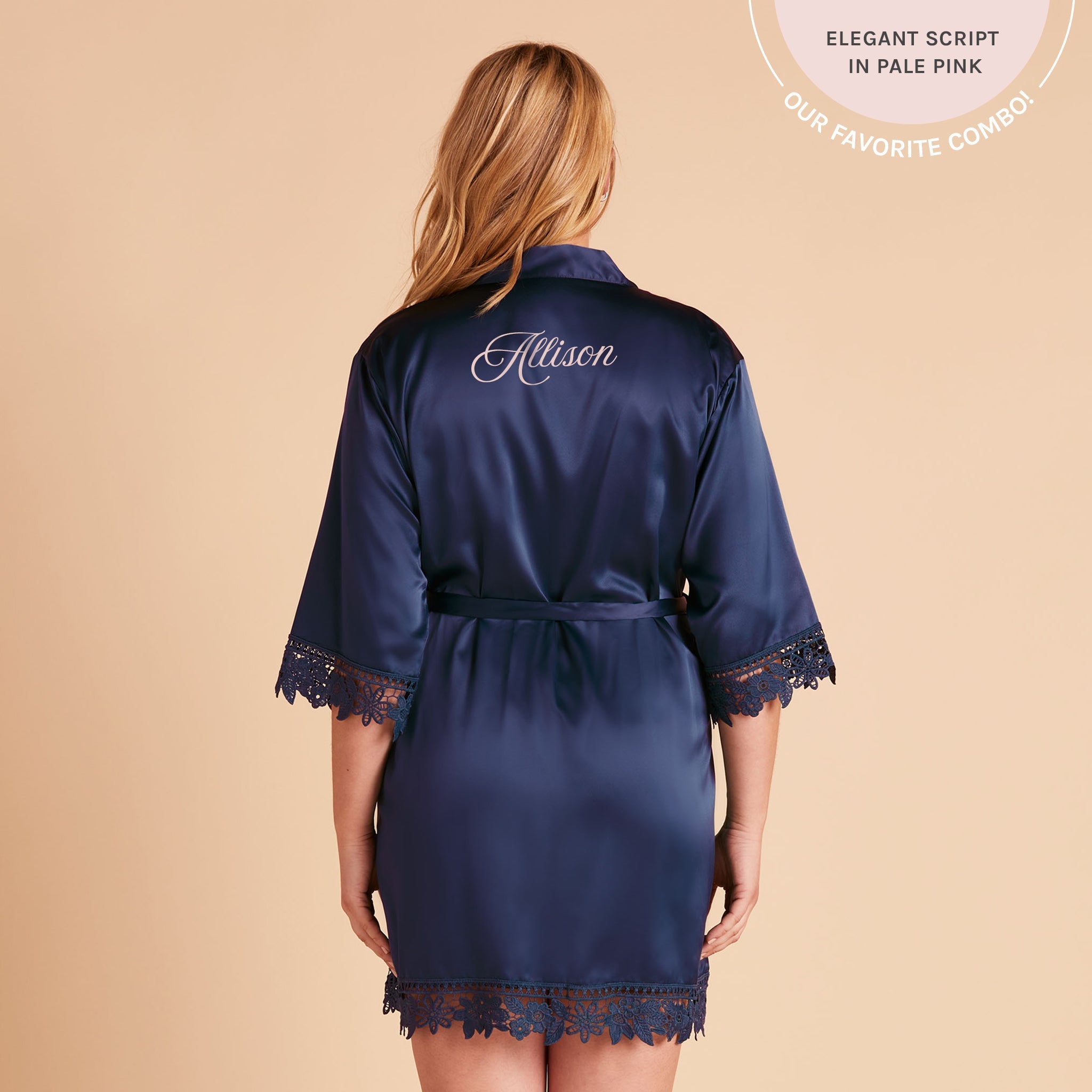 Satin Lace Robe in navy blue by Birdy Grey, back view