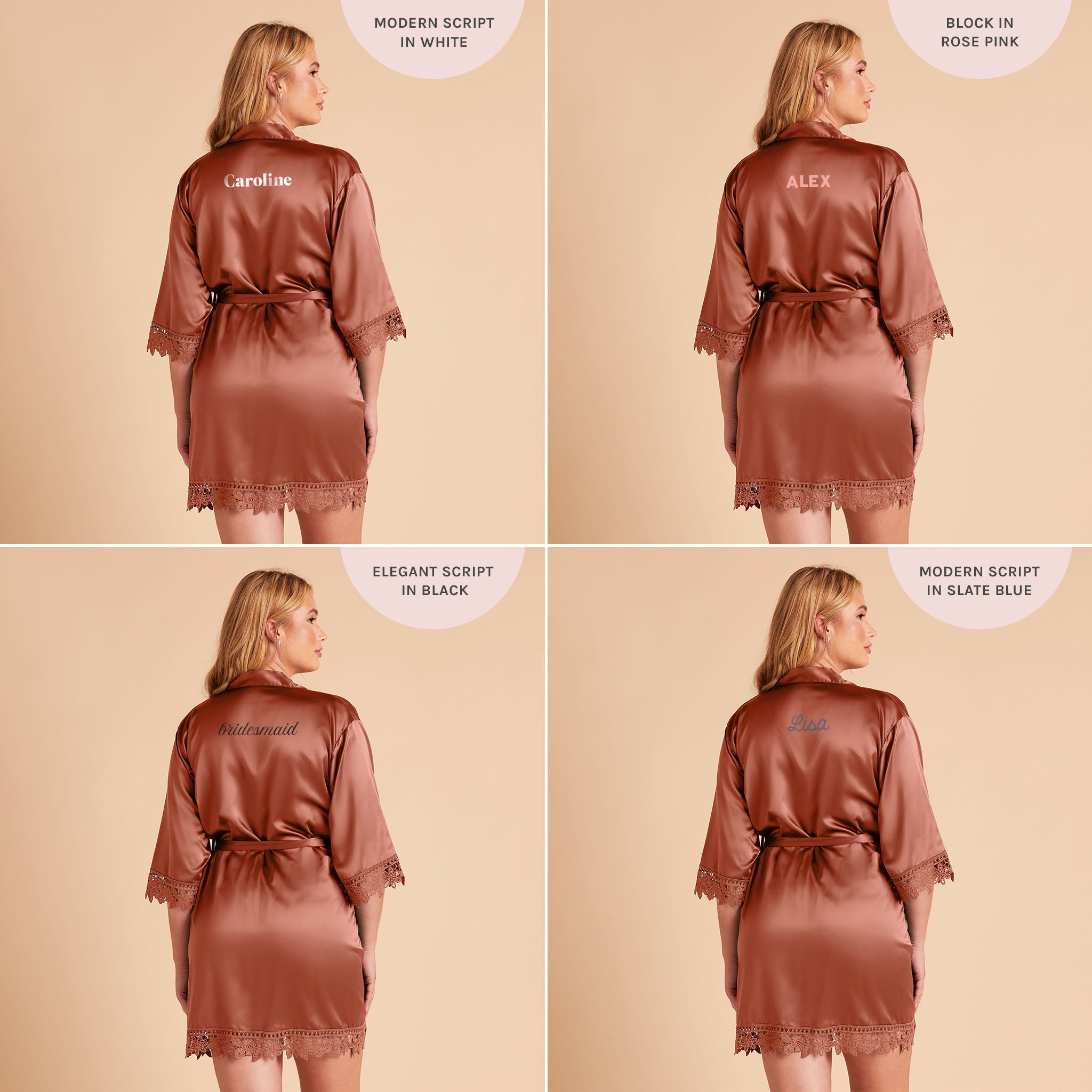 Satin Lace Robe in rust by Birdy Grey, back view