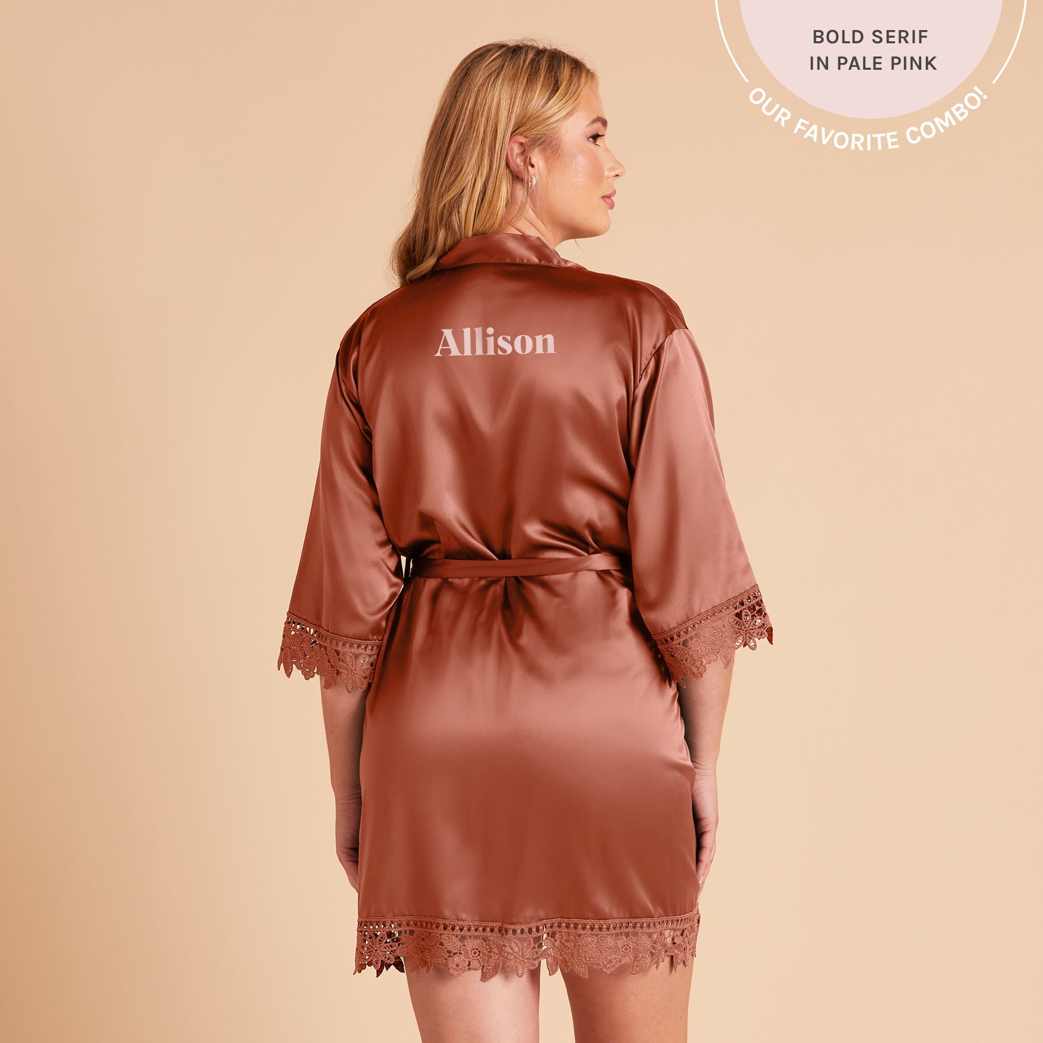 Satin Lace Robe in rust by Birdy Grey, back view