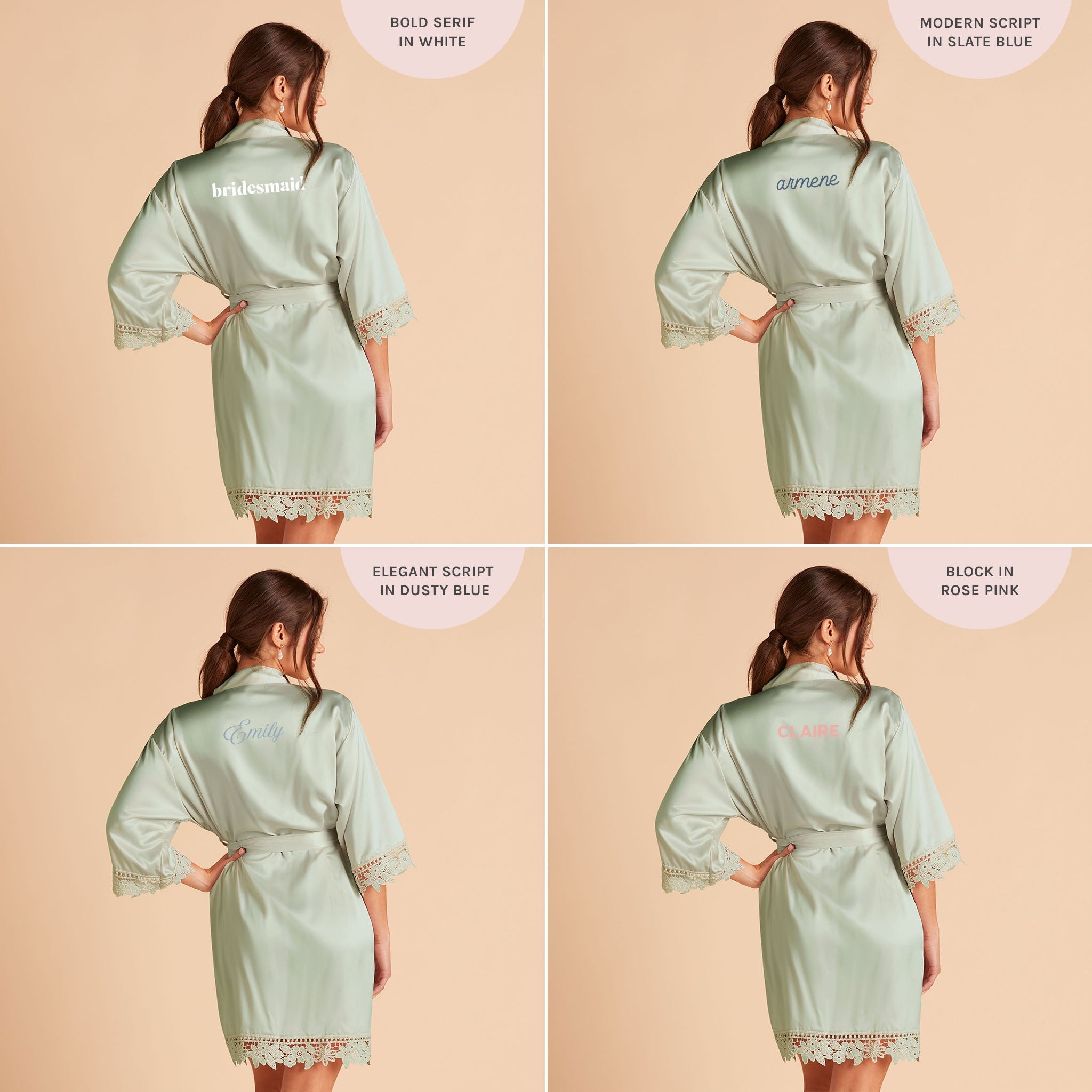 Satin Lace Robe in sage by Birdy Grey, back view