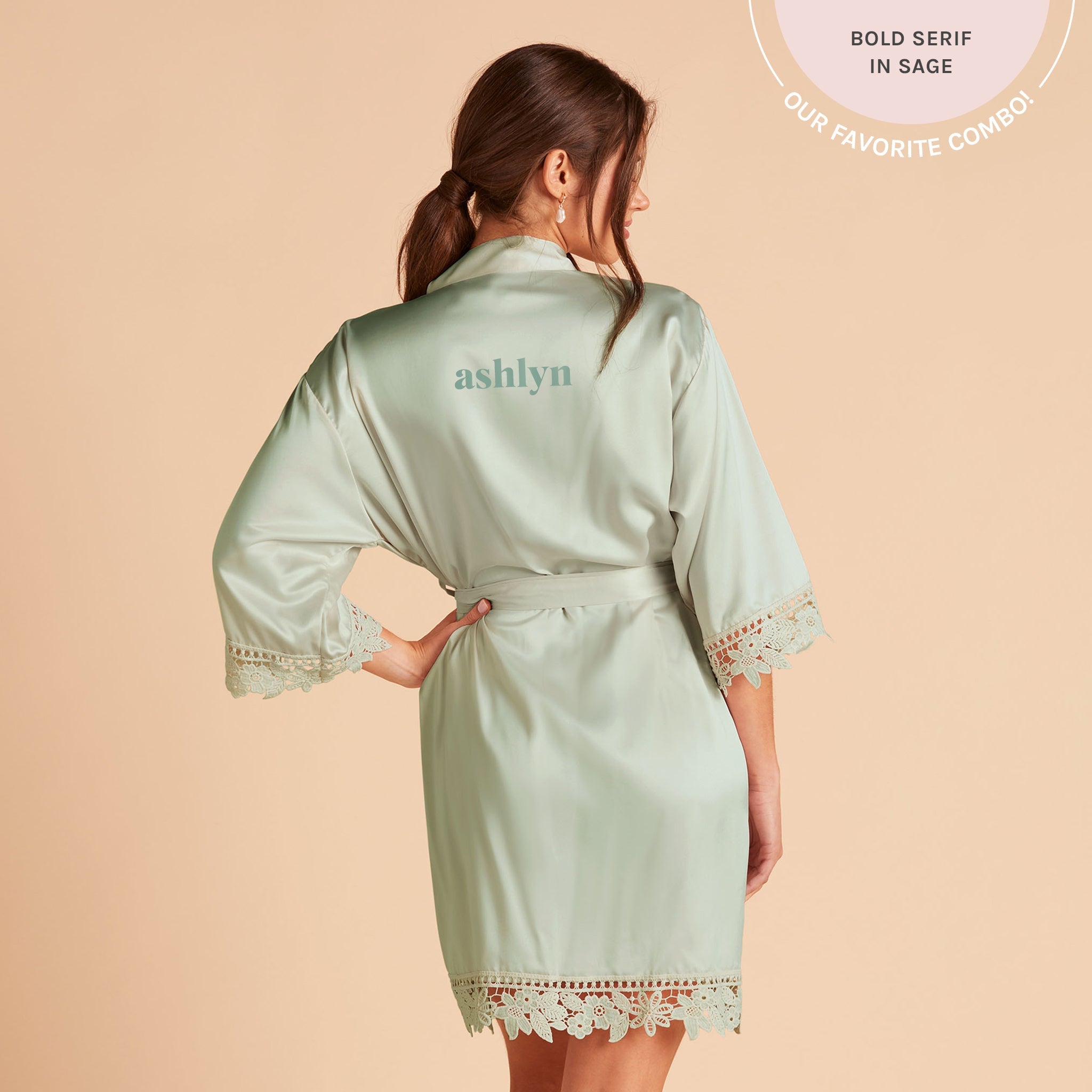 Satin Lace Robe in sage by Birdy Grey, back view