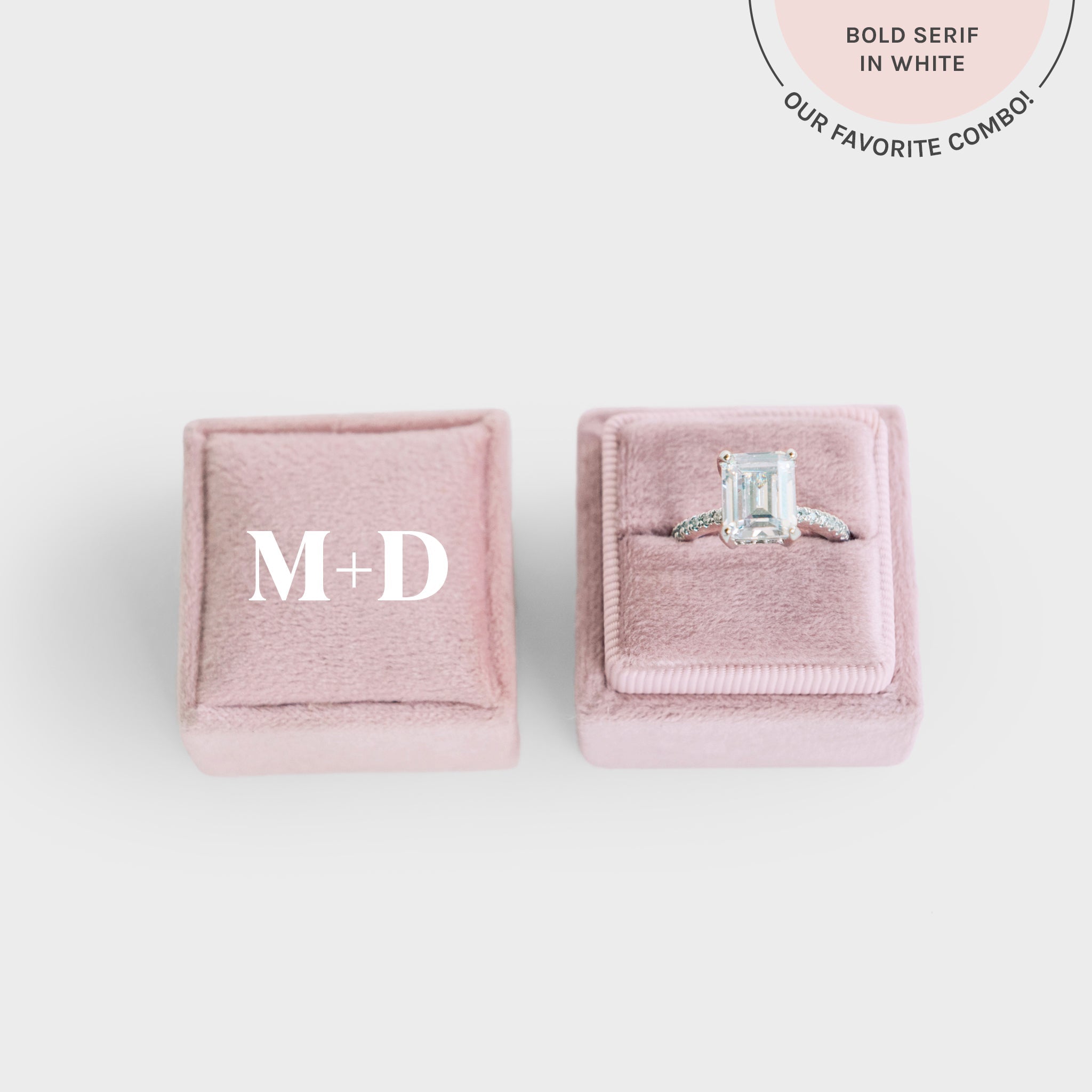 Rose Pink Velvet Ring Box with personalization in white lettering by Birdy Grey