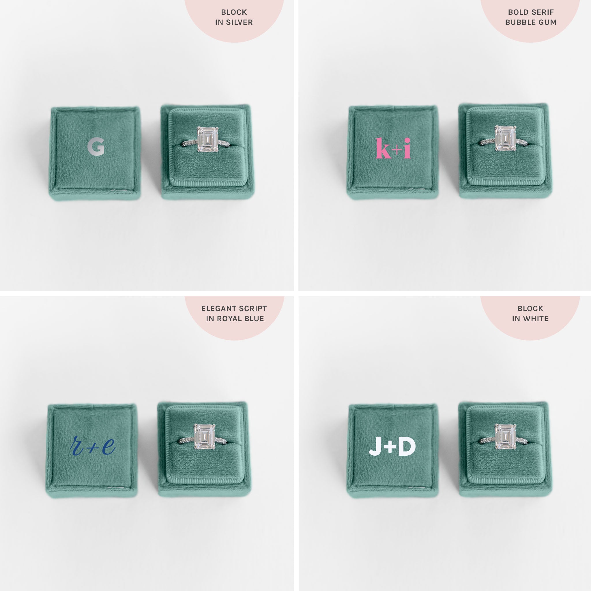 Sage Velvet Ring Box with personalization in Silver, Blue, Pink, White lettering by Birdy Grey