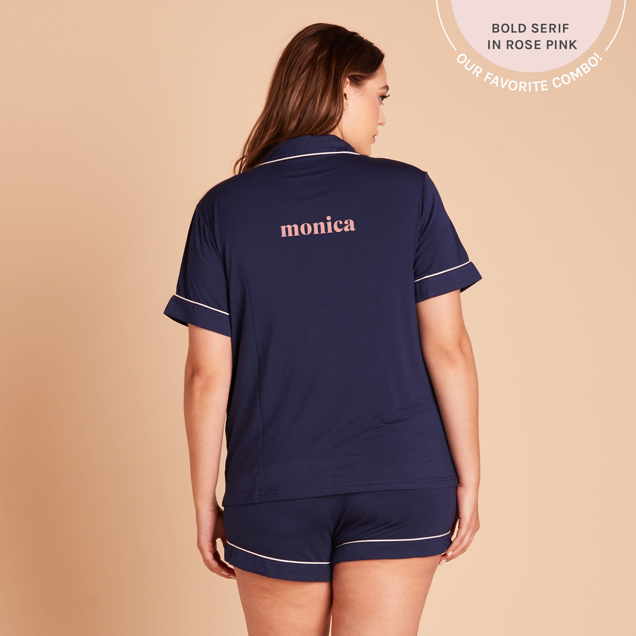 Jonny plus size Pajama Set in navy blue with white pipetting by Birdy Grey, back view