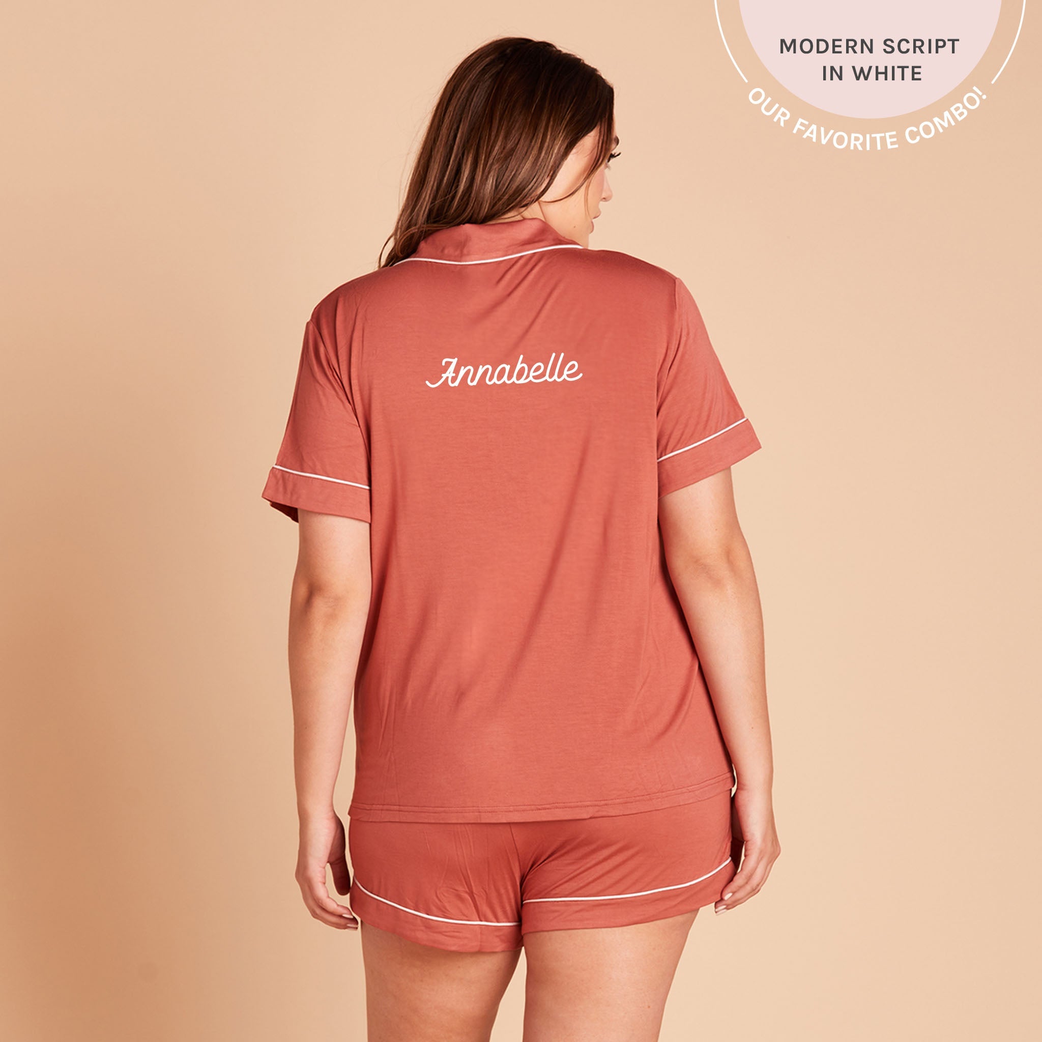 Jonny plus size Short Sleeve Pajama Set in terracotta with white pipetting by Birdy Grey, back view