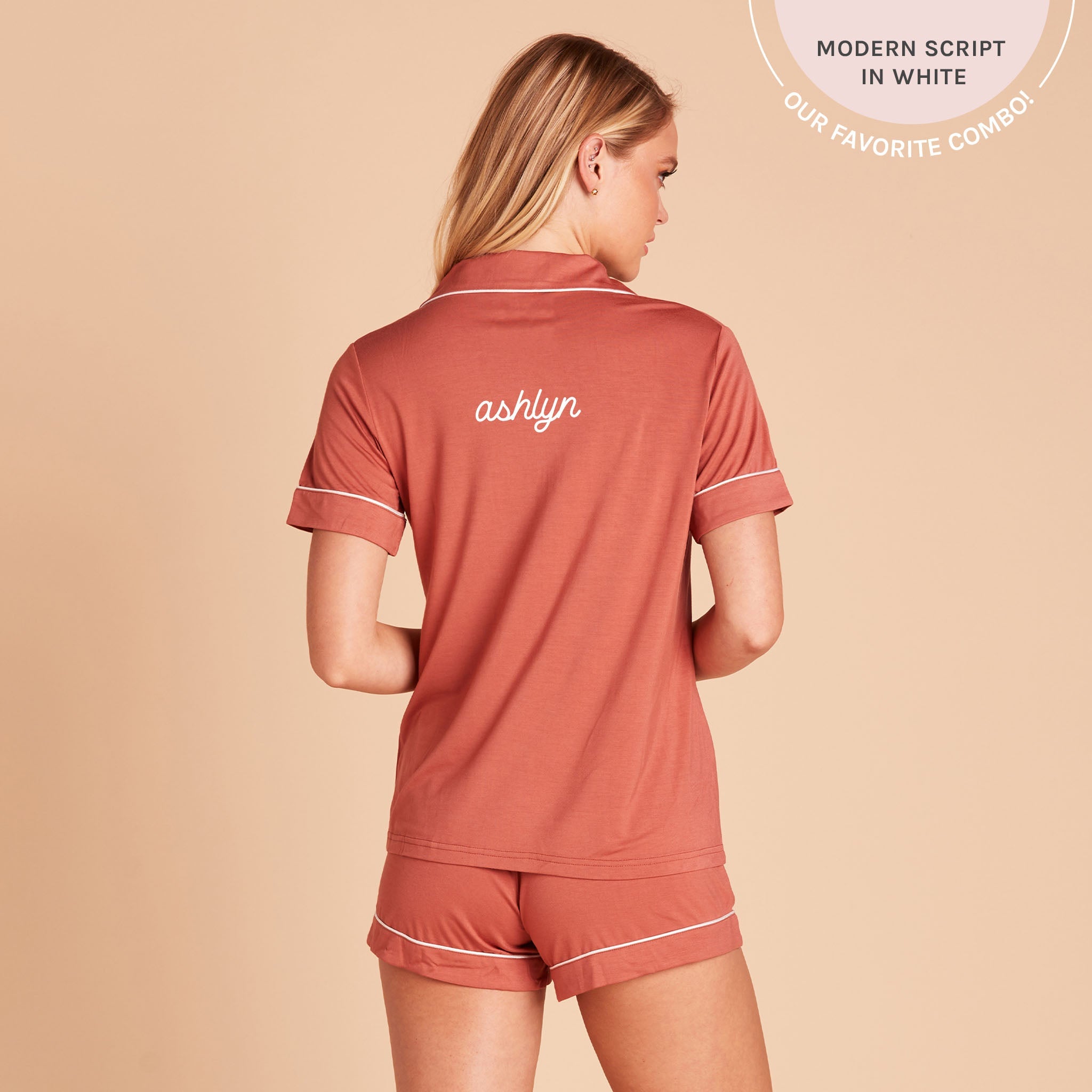 Jonny Short Sleeve Pajama Set in terracotta with white pipetting by Birdy Grey, back view