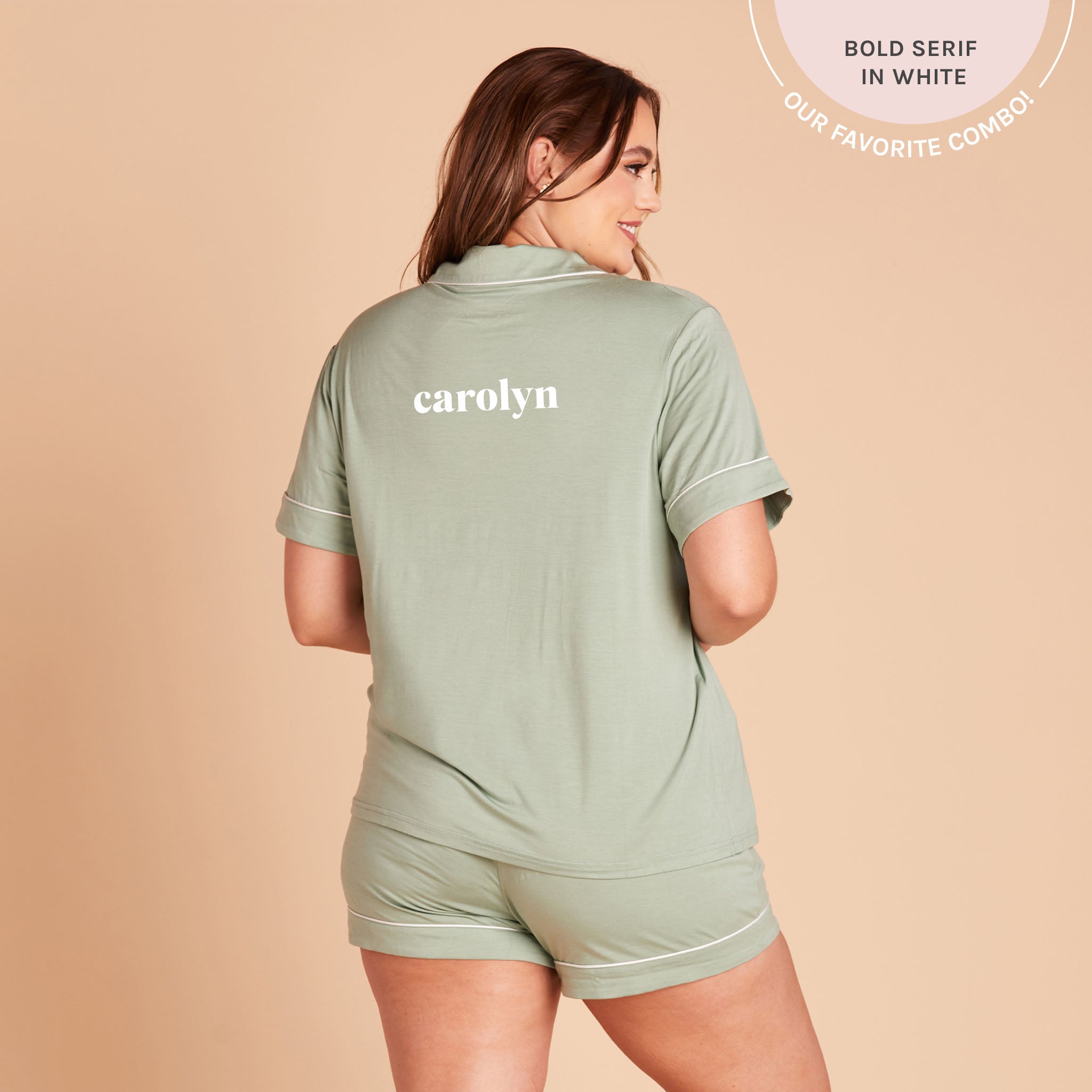 Jonny plus size Short Sleeve Pajama Set in sage green with white pipetting by Birdy Grey, back view