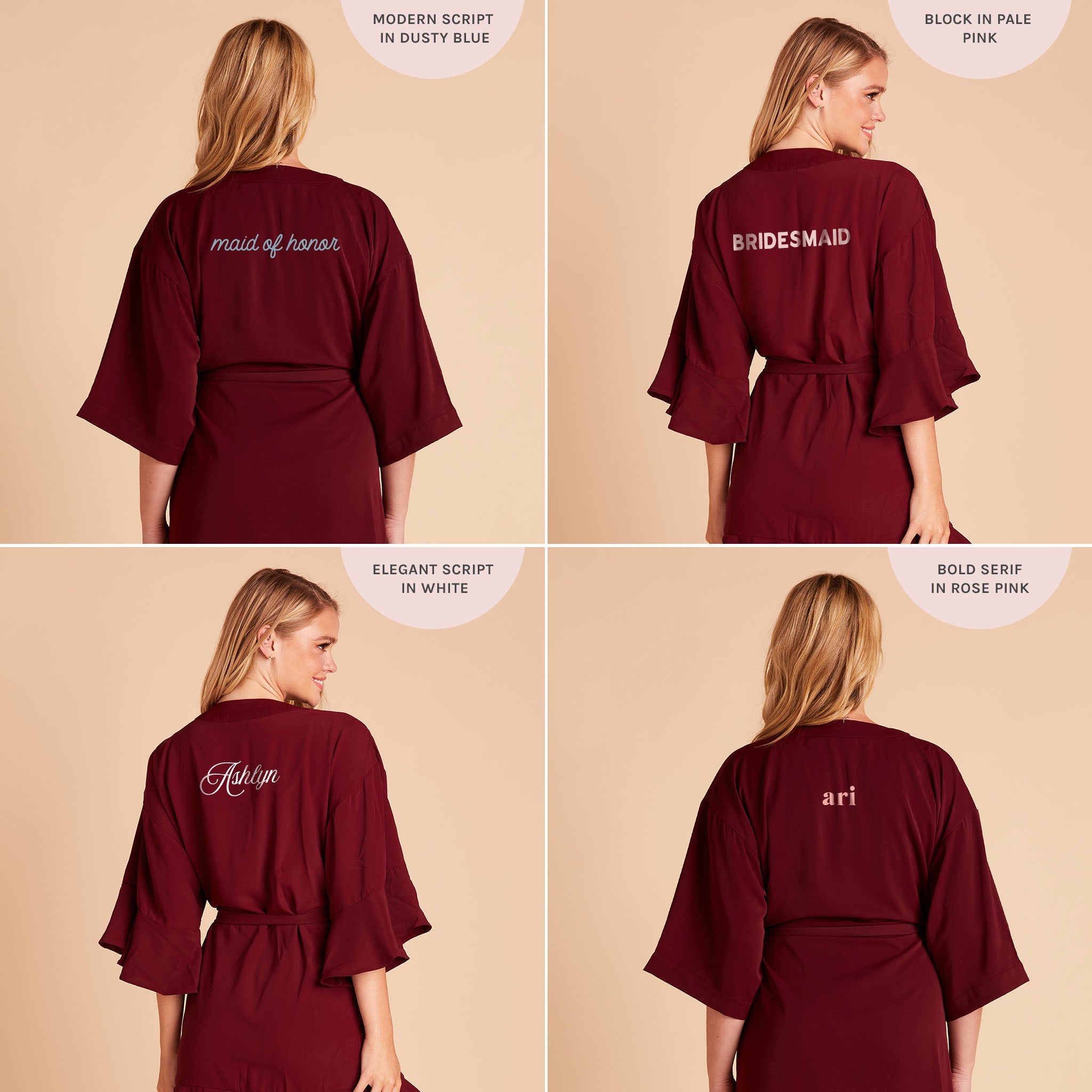 Kenny Ruffle Robe in cabernet burgundy by Birdy Grey, back view