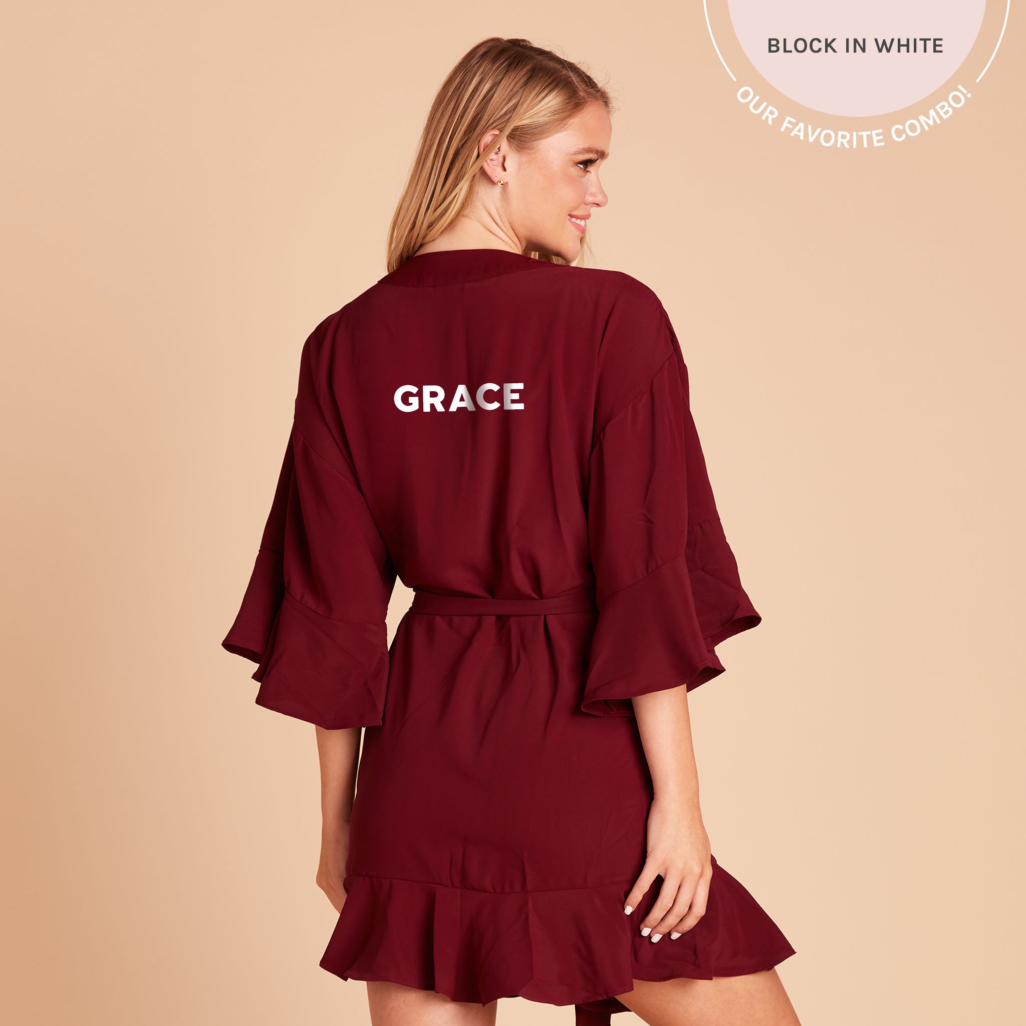 Kenny Ruffle Robe in cabernet burgundy by Birdy Grey, back view