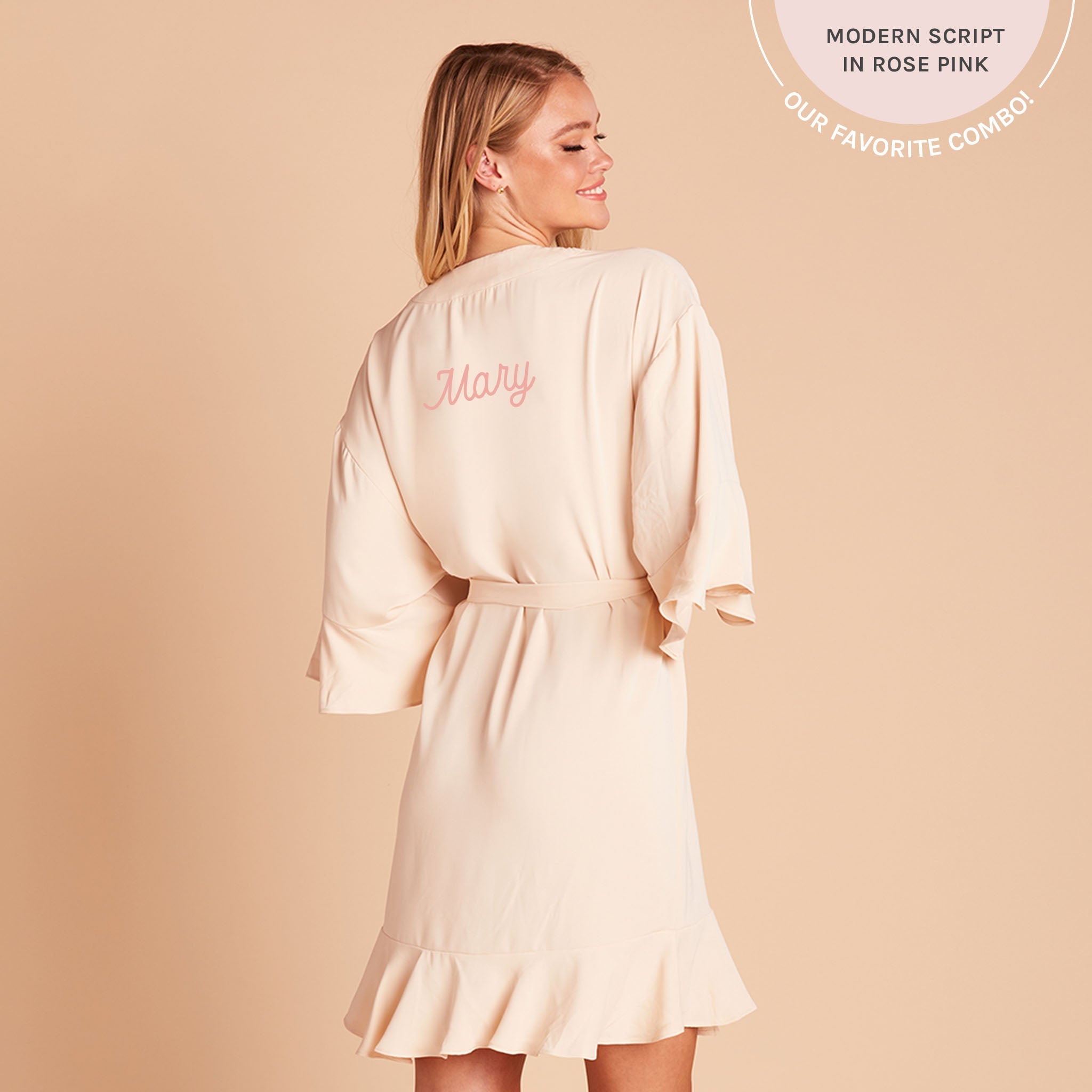 Kenny Ruffle Robe in champagne by Birdy Grey, back view