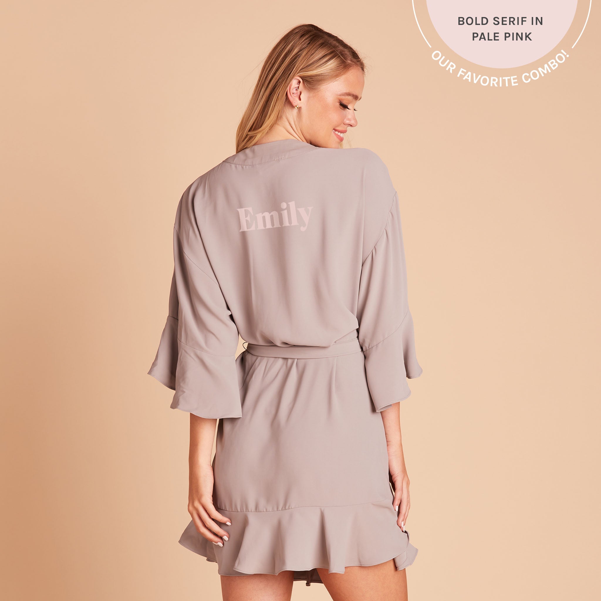 Kenny Ruffle Robe in gray by Birdy Grey, back view