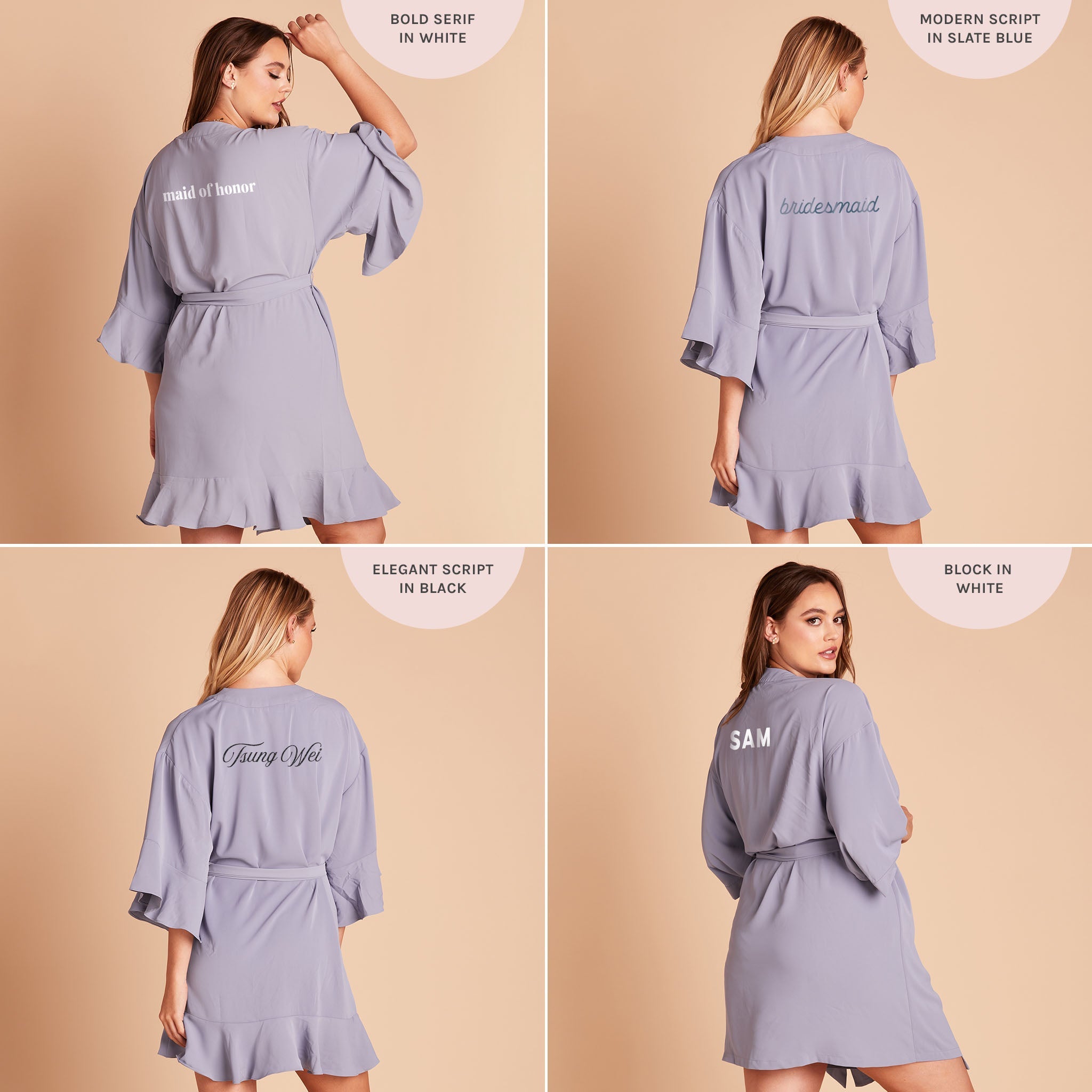 Kenny Ruffle Robe in dusty blue by Birdy Grey, back view