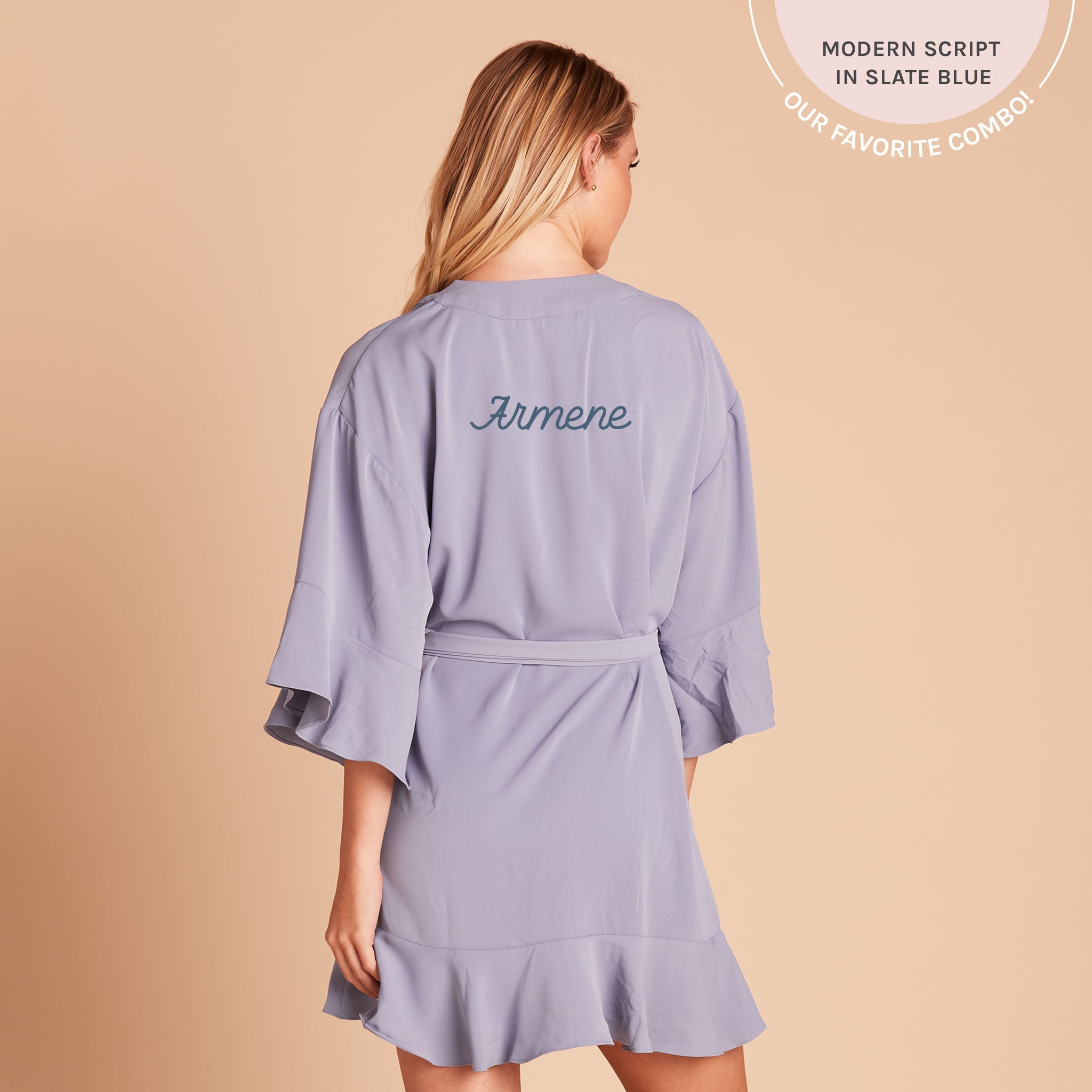 Kenny Ruffle Robe in dusty blue by Birdy Grey, back view