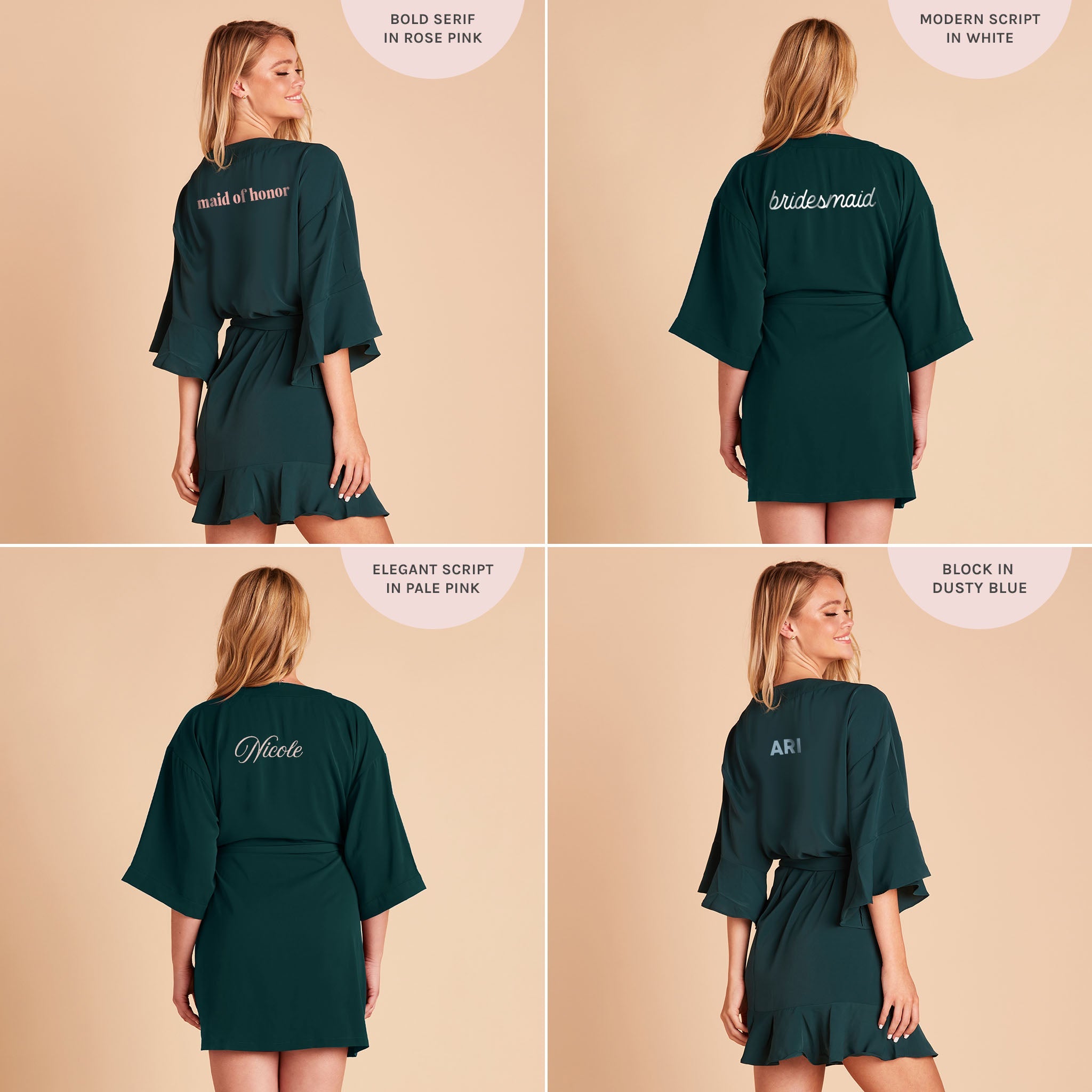 Kenny Ruffle Robe in emerald green by Birdy Grey, back view