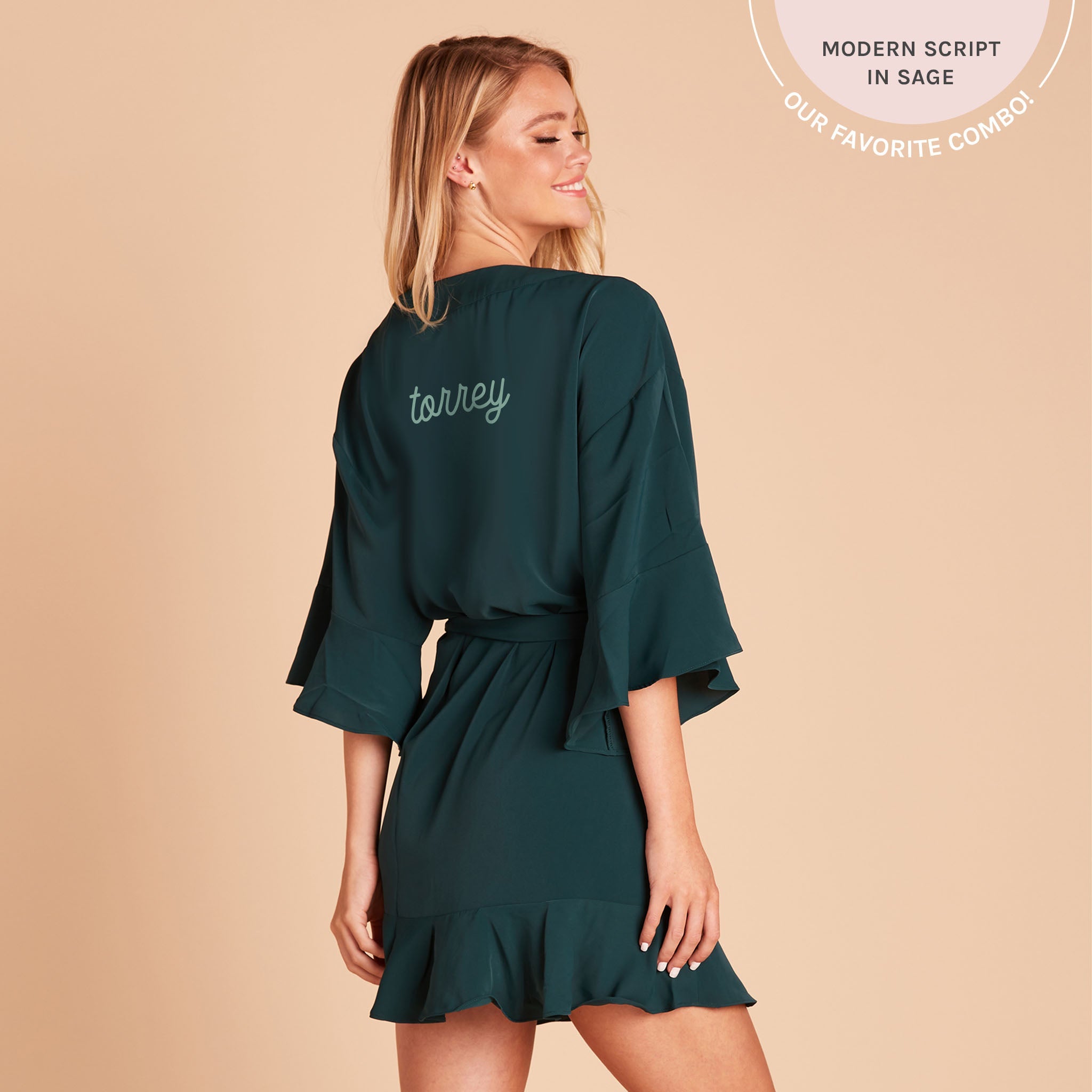 Kenny Ruffle Robe in emerald green by Birdy Grey, side view