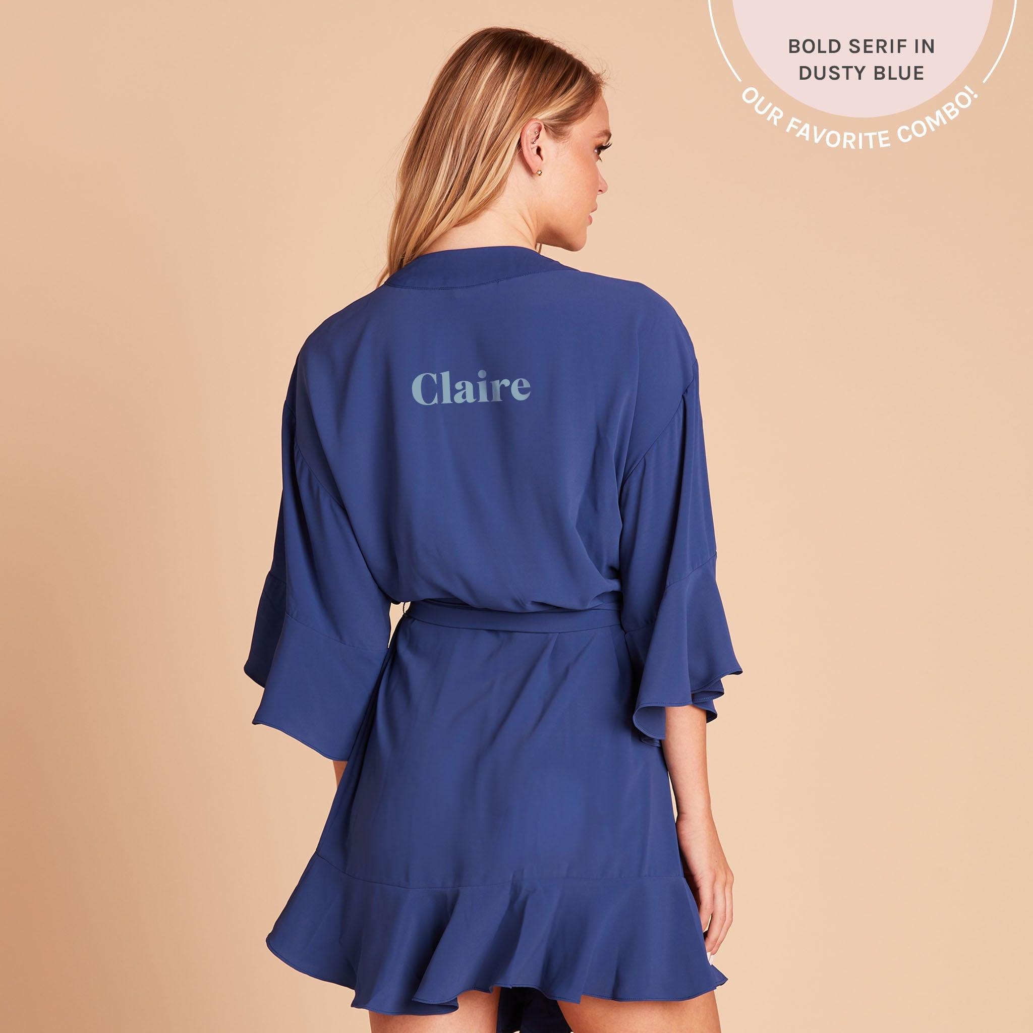 Kenny Ruffle Robe in slate blue by Birdy Grey, back view