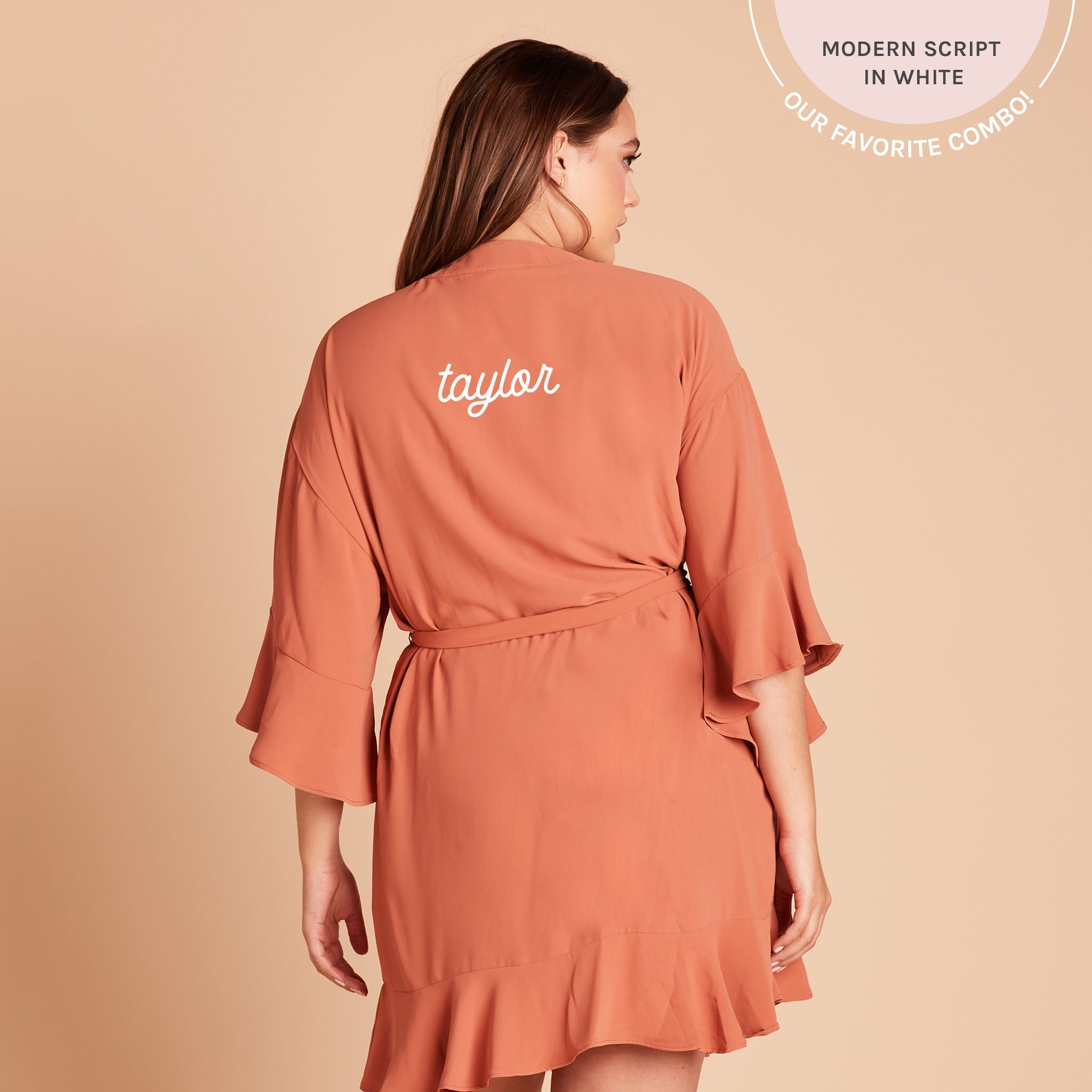 Kenny Ruffle Robe in terracotta by Birdy Grey, back view