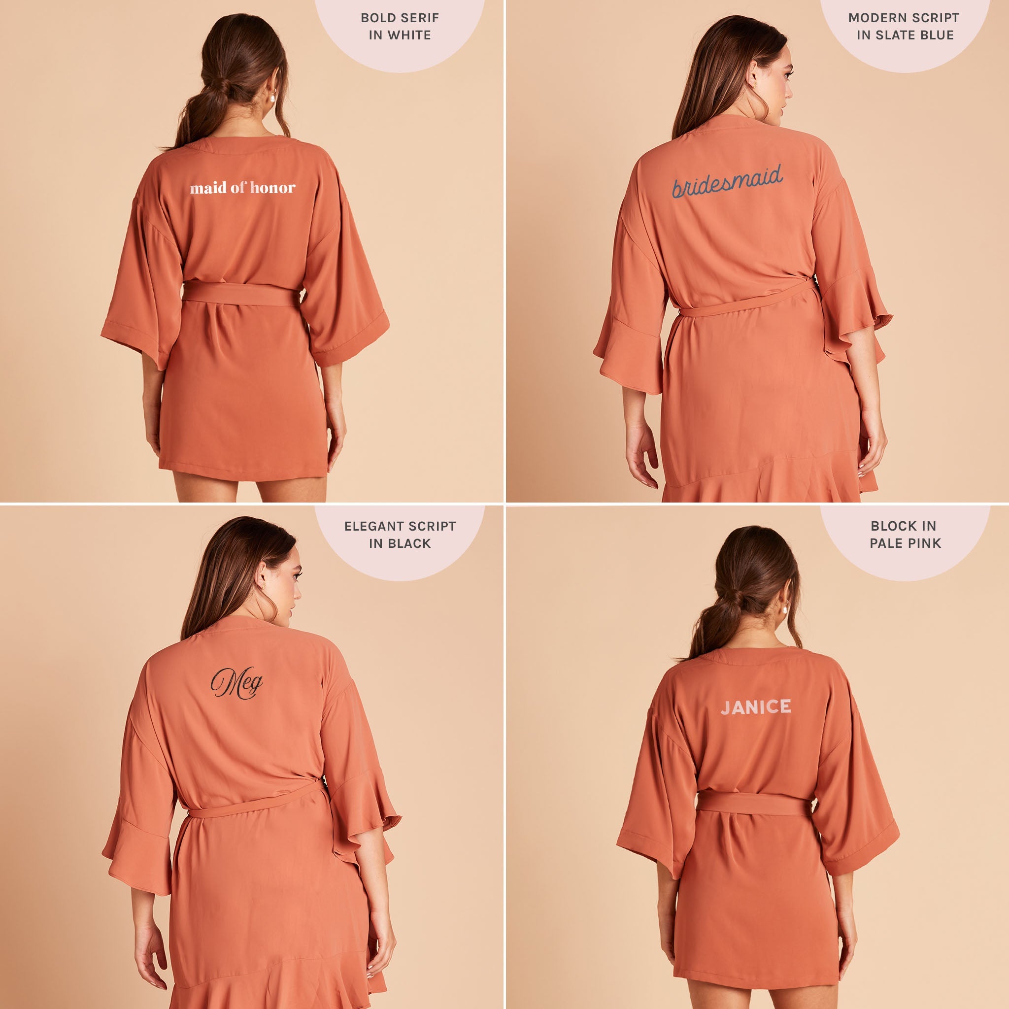 Kenny Ruffle Robe in terracotta by Birdy Grey, back view