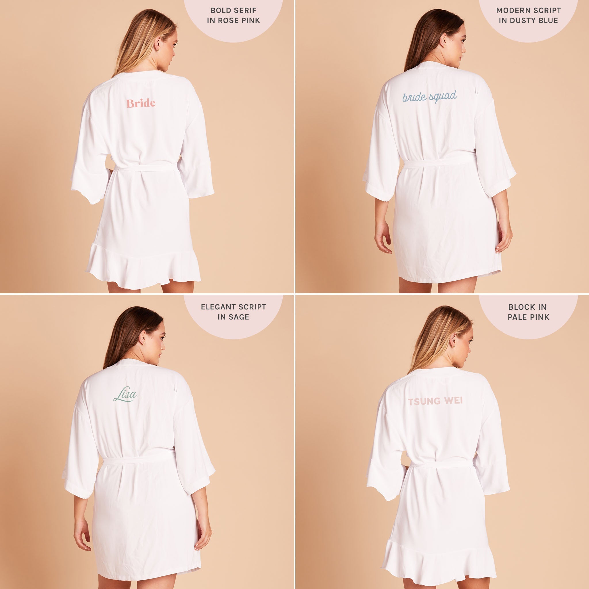 Back view of four images showing the Kenny Ruffle Robe in white with personalizations on the robe back including, 