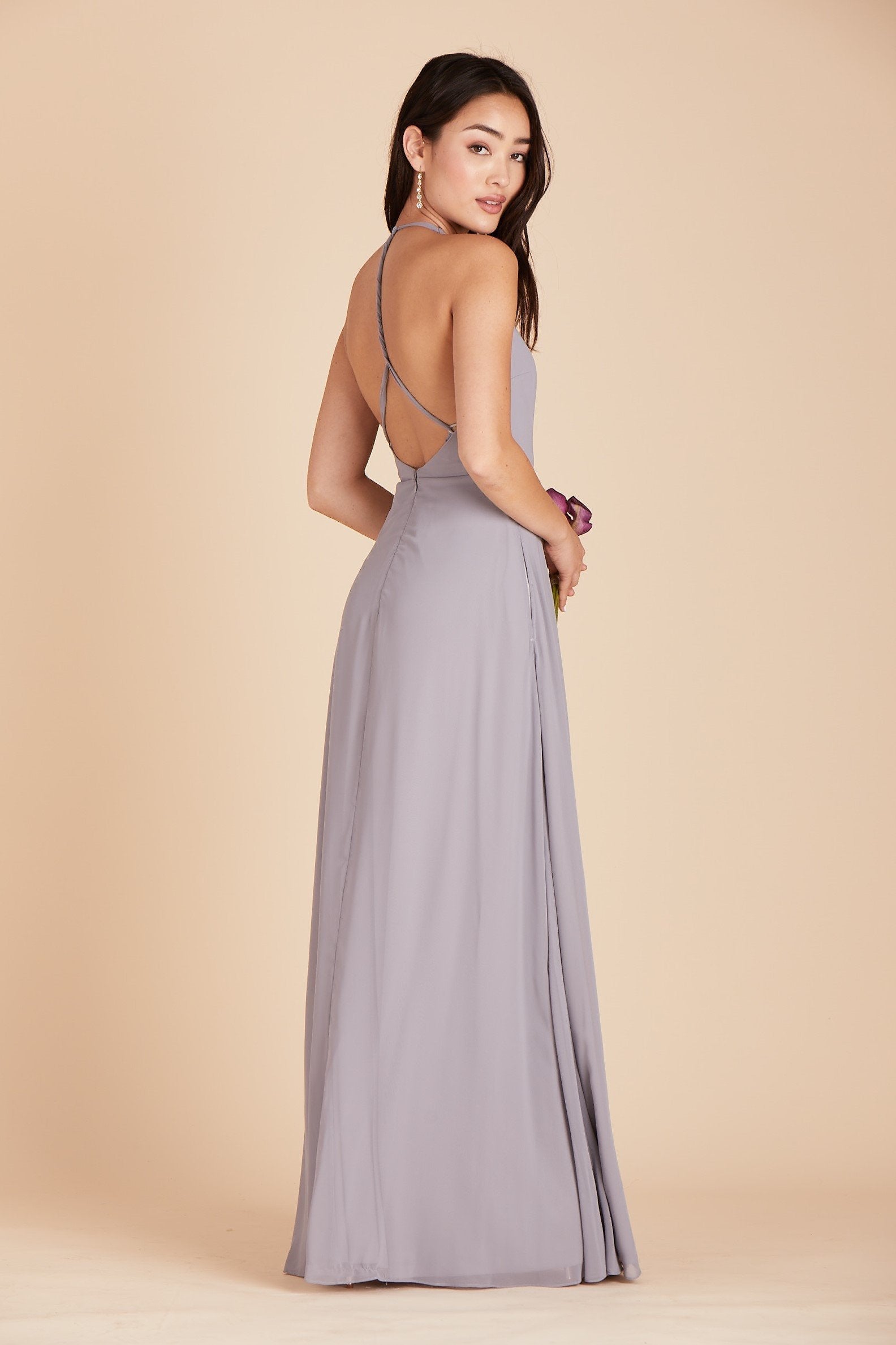 Moni convertible bridesmaids dress in silver chiffon by Birdy Grey, side view