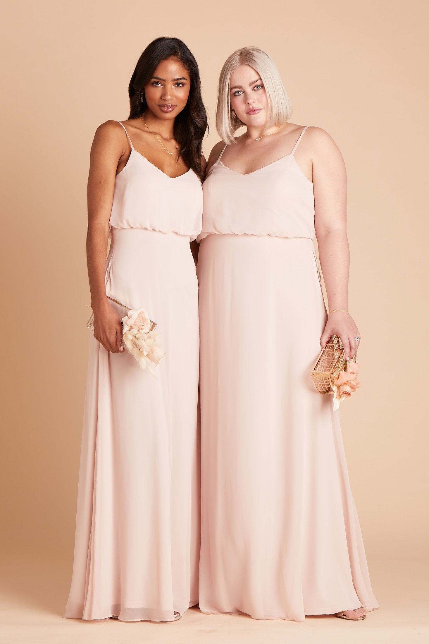 Gwennie plus size bridesmaid dress in pale blush chiffon by Birdy Grey, front view