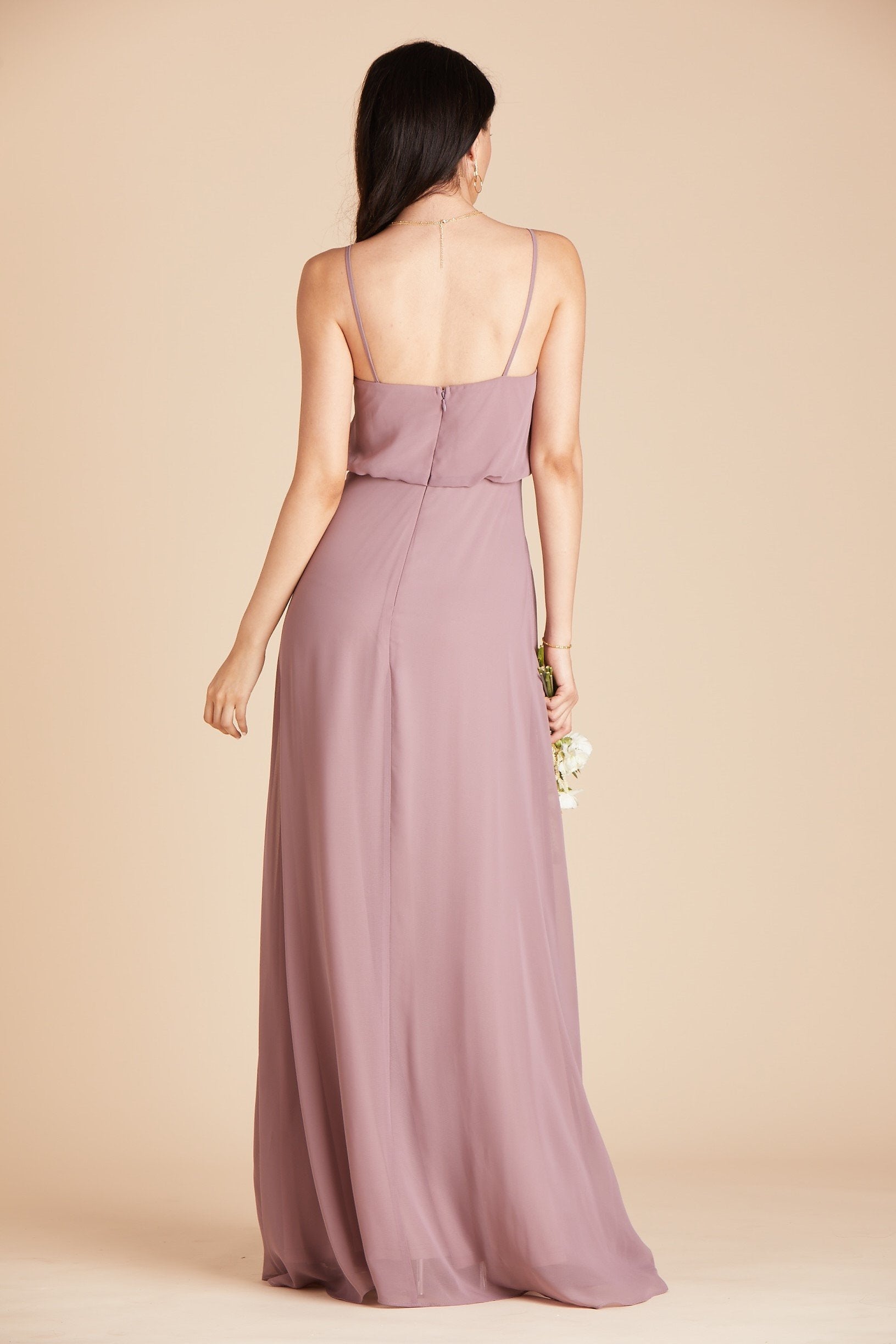 Gwennie bridesmaid dress with slit in dark mauve chiffon by Birdy Grey, back view