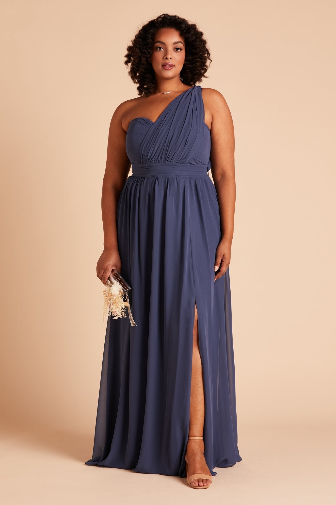 Grace convertible plus size bridesmaid dress with slit in slate blue chiffon by Birdy Grey, front view