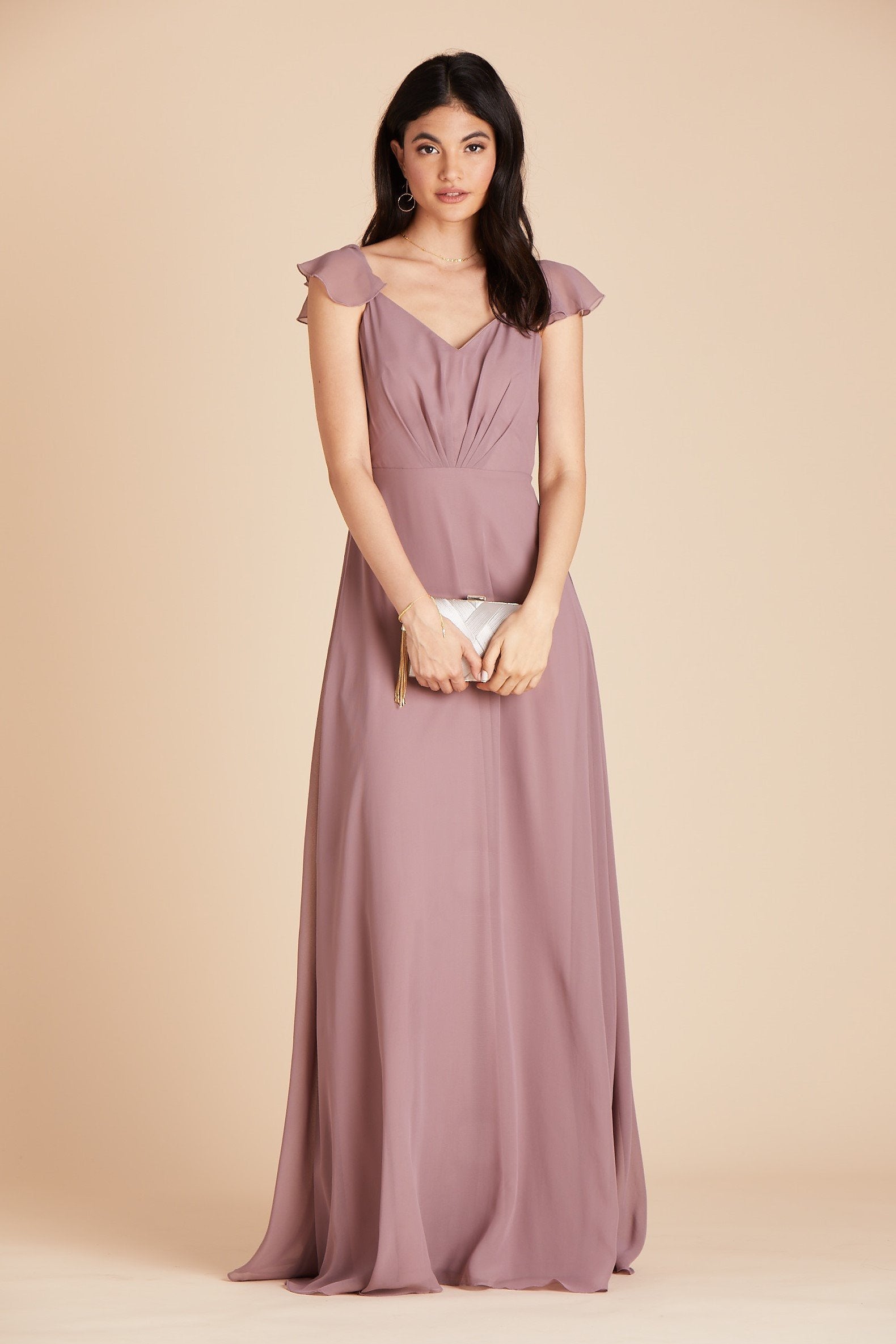 Kae bridesmaids dress in dark mauve purple chiffon by Birdy Grey, front view