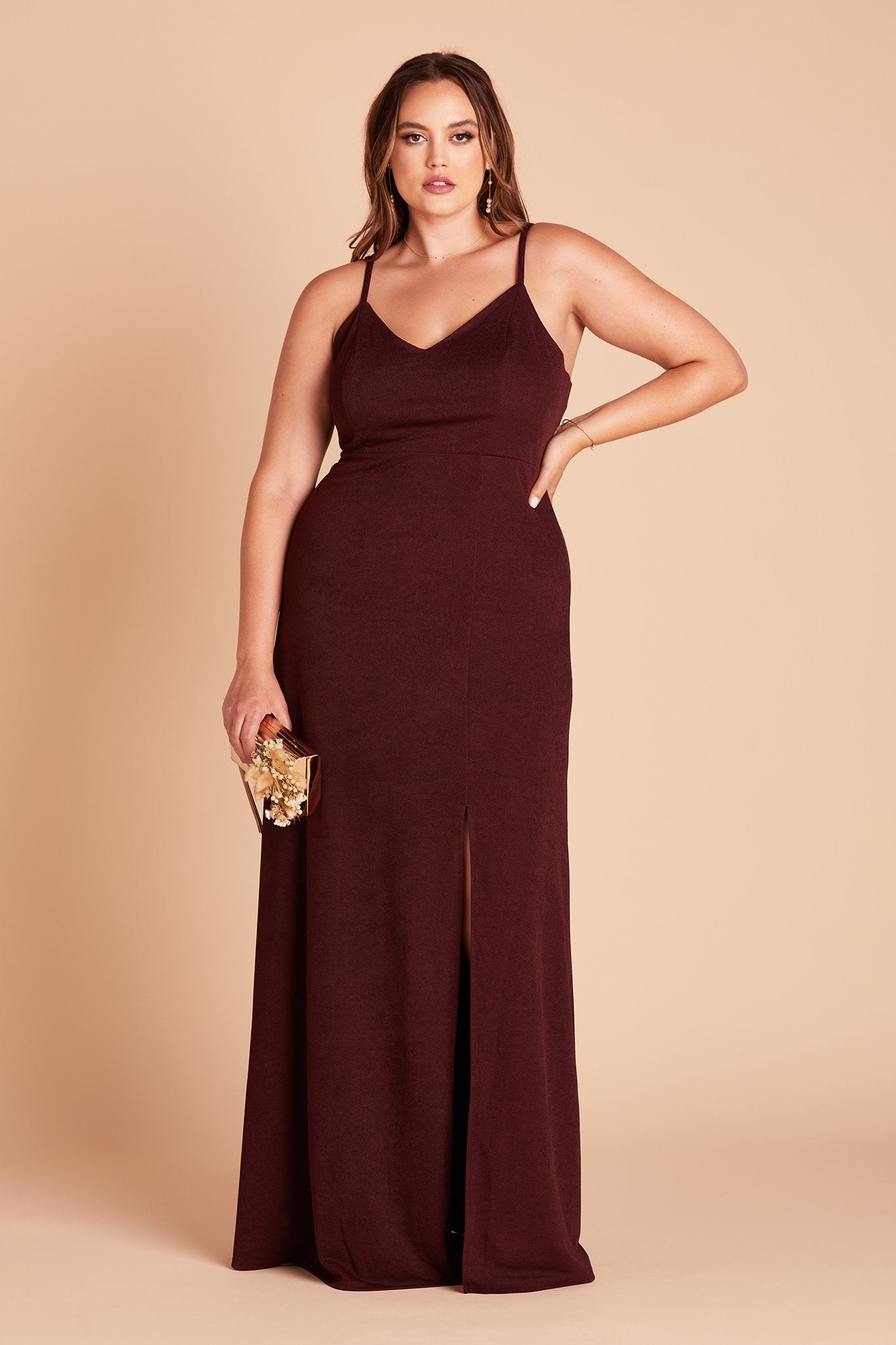 Jay plus size bridesmaid dress with slit in cabernet burgundy crepe by Birdy Grey, front view