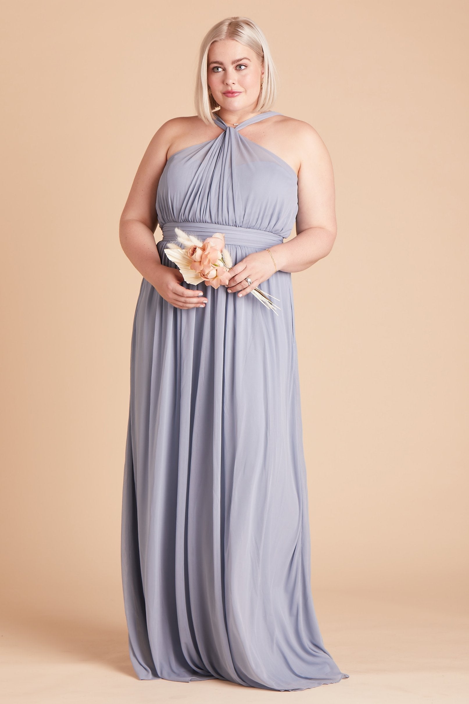 Kiko plus size bridesmaid dress in dusty blue chiffon by Birdy Grey, front view