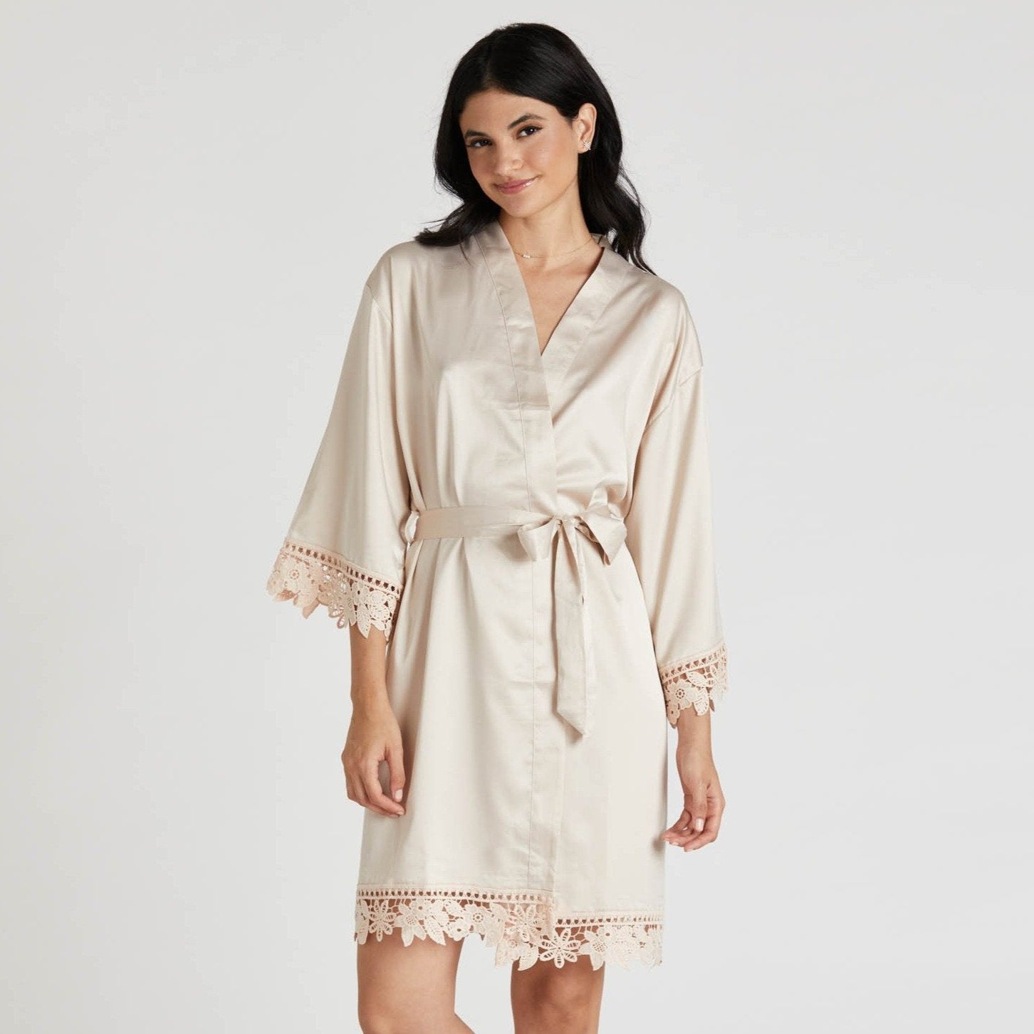 Satin Lace Robe in champagne by Birdy Grey, front view