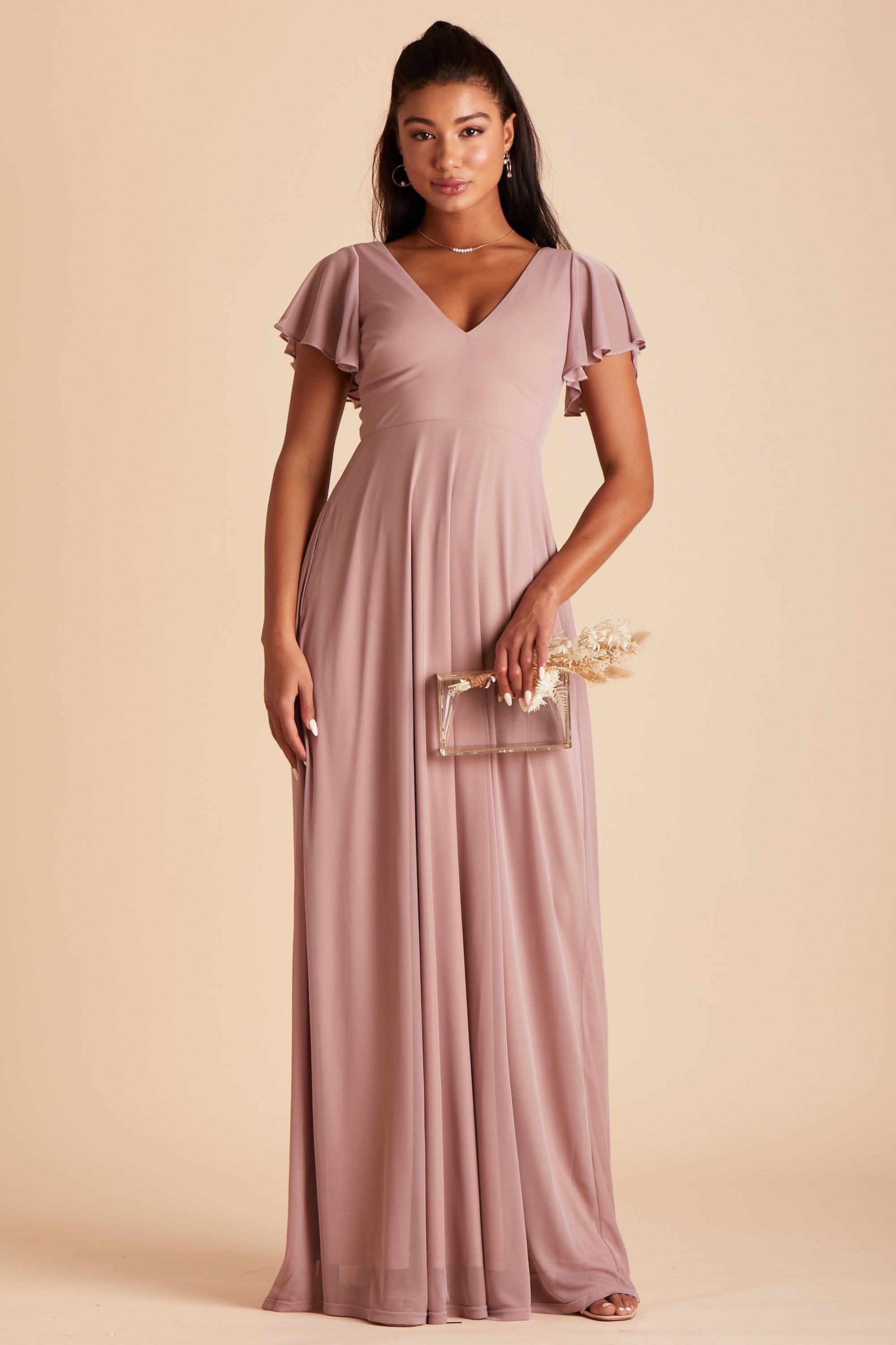 Hannah bridesmaids dress in mauve chiffon by Birdy Grey, front view