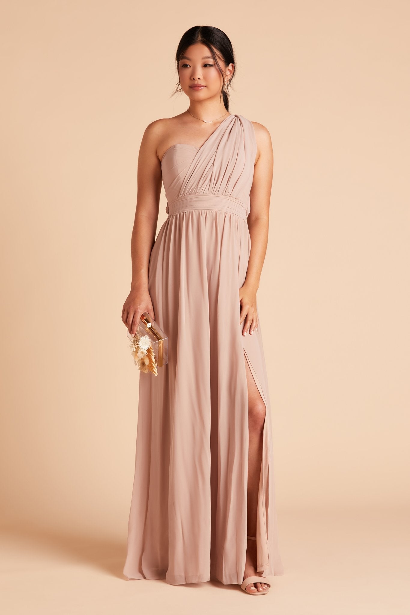 Grace convertible bridesmaid dress with slit in taupe chiffon by Birdy Grey, front view