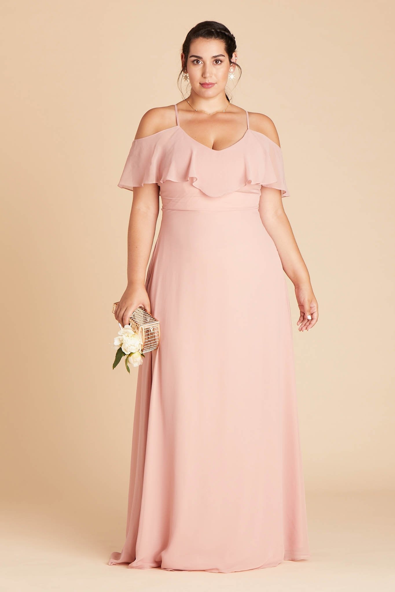 Jane convertible plus size bridesmaid dress in dusty rose chiffon by Birdy Grey, front view