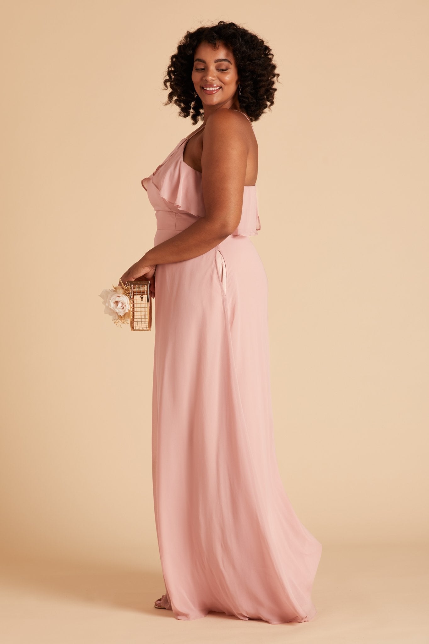 Jules plus size bridesmaid dress in dusty rose chiffon by Birdy Grey, side view