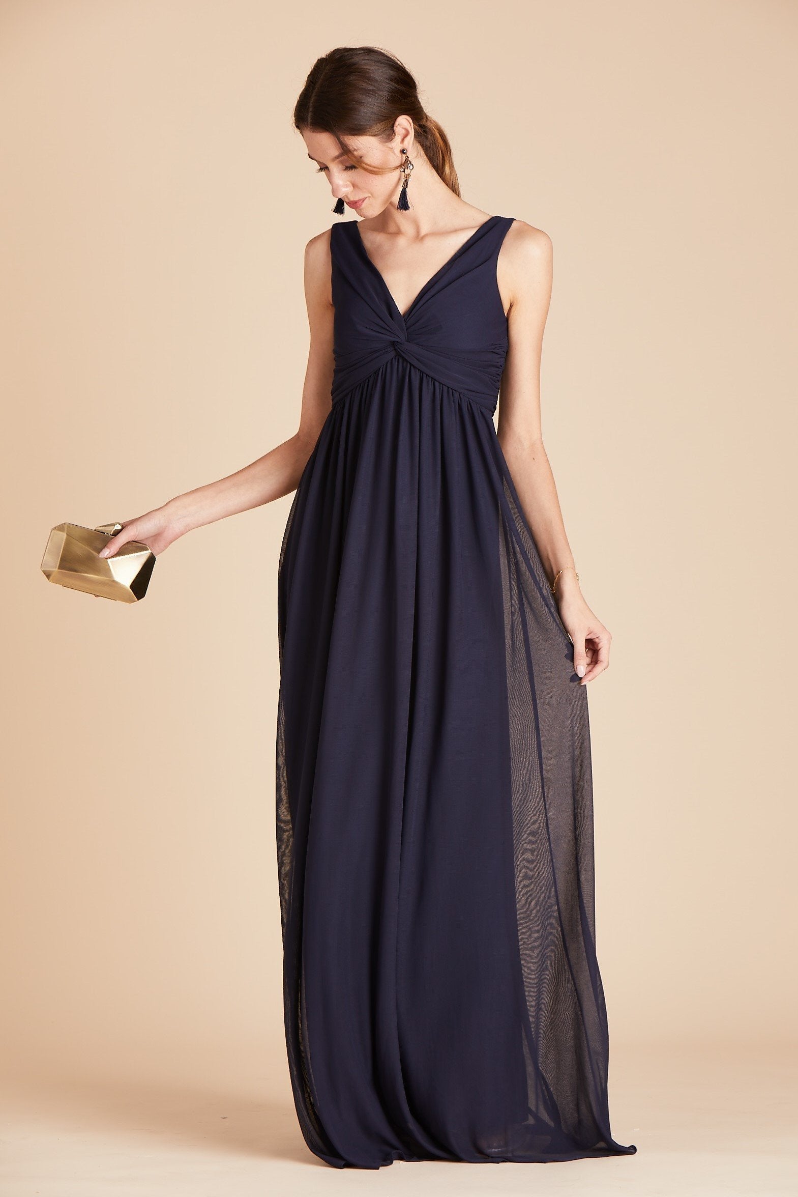 Lianna bridesmaid dress in navy blue chiffon by Birdy Grey, front view